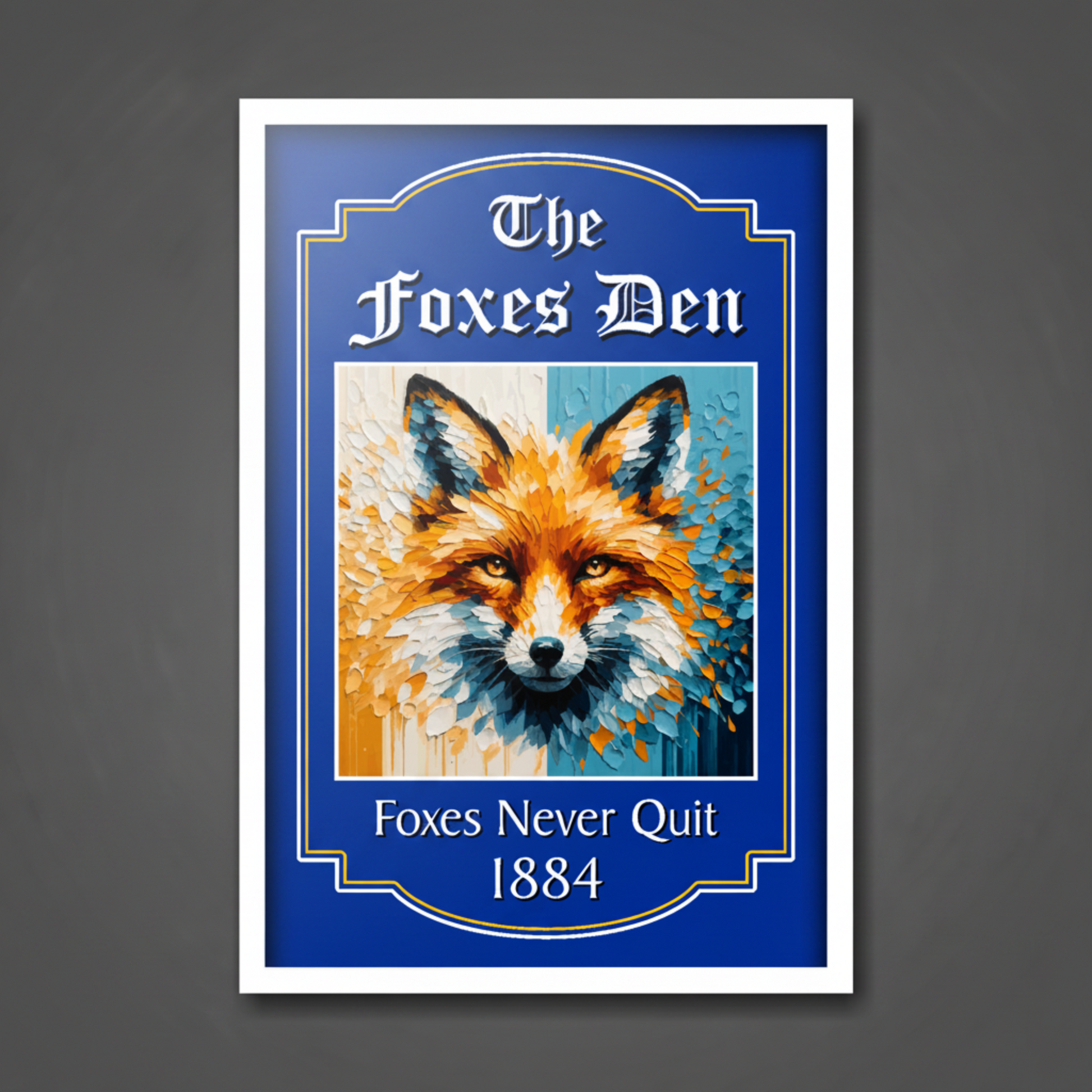 Leicester City pub Sign with a fox illustration and text 'The Foxes Den, Foxes Never Quit 1884' on a blue background.
