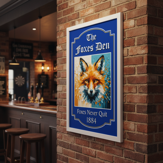 Framed Leicester City artwork of a fox on a blue background with text, displayed on a brick wall in a bar setting.