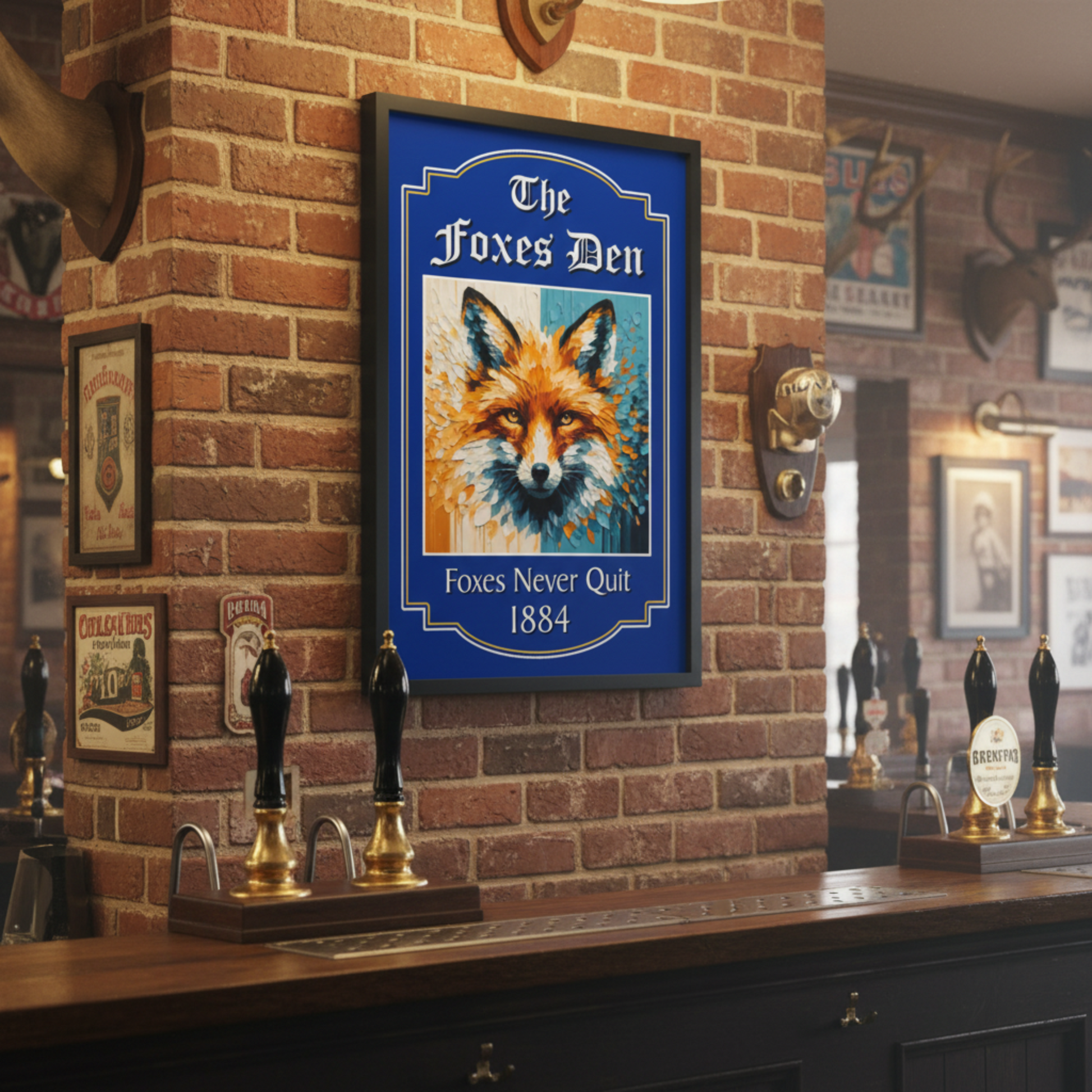 Framed Leicester City inspired pub sign. of a fox with 'The Foxes Den' text on a brick wall above a bar.