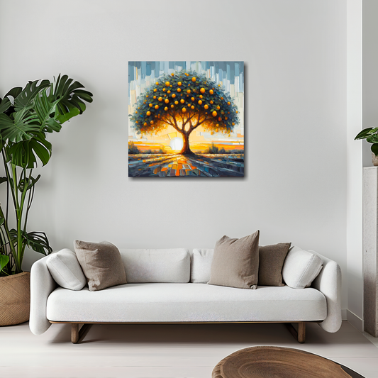Lemon tree canvas 20x20 inches above white sofa - vibrant botanical wall art UK