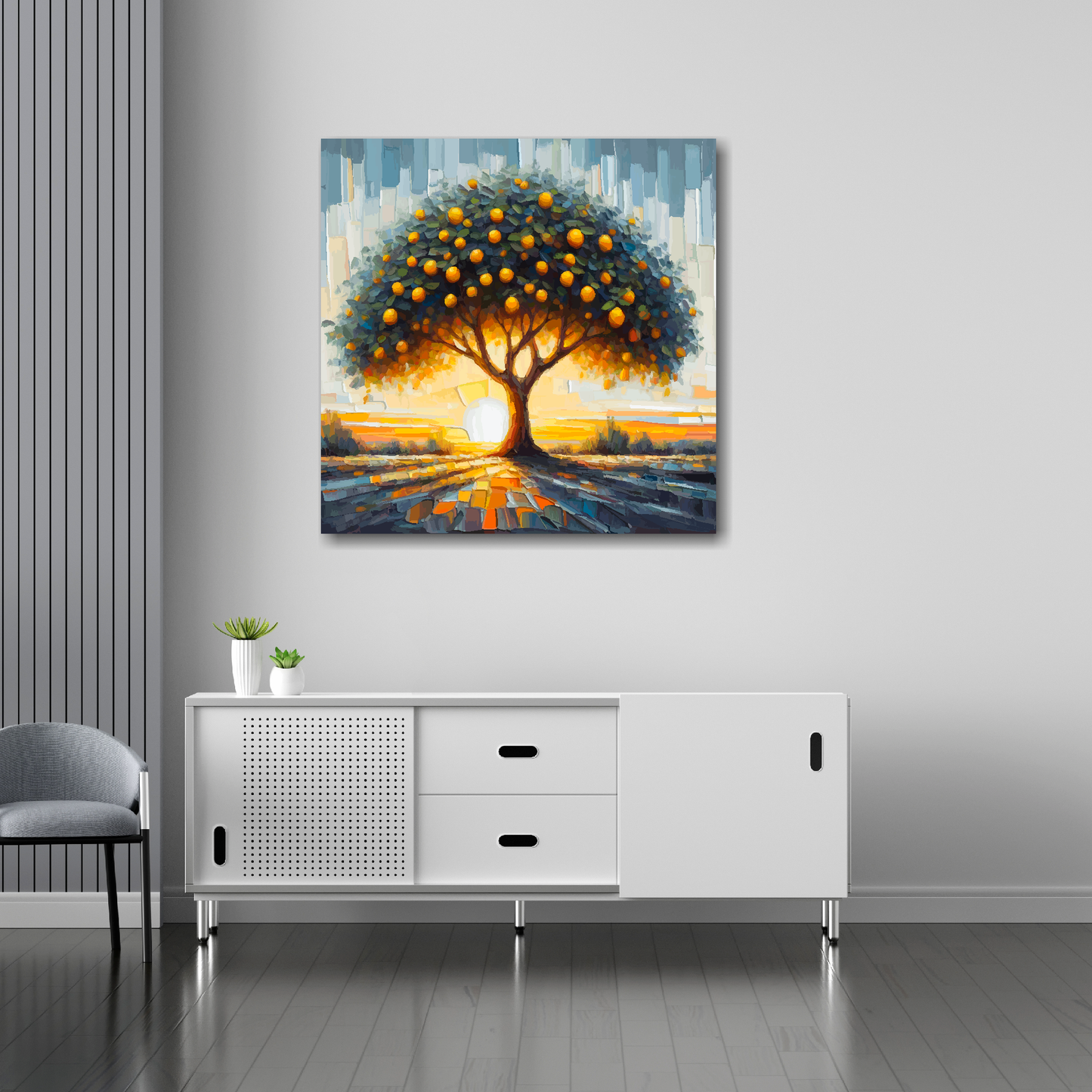 Lemon tree canvas 30x30 inches above sideboard - large colourful botanical art UK made
