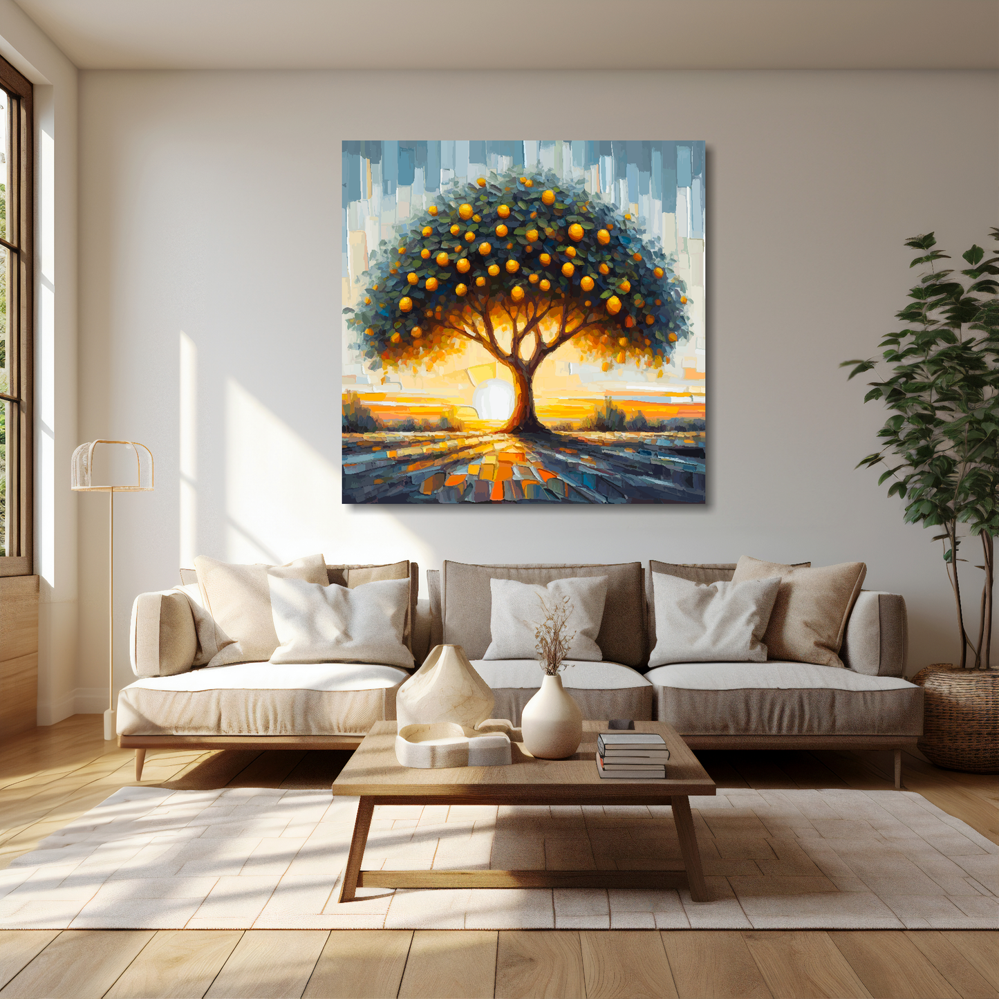 Lemon tree canvas 40x40 inches above cream sofa - XL vibrant botanical wall art UK