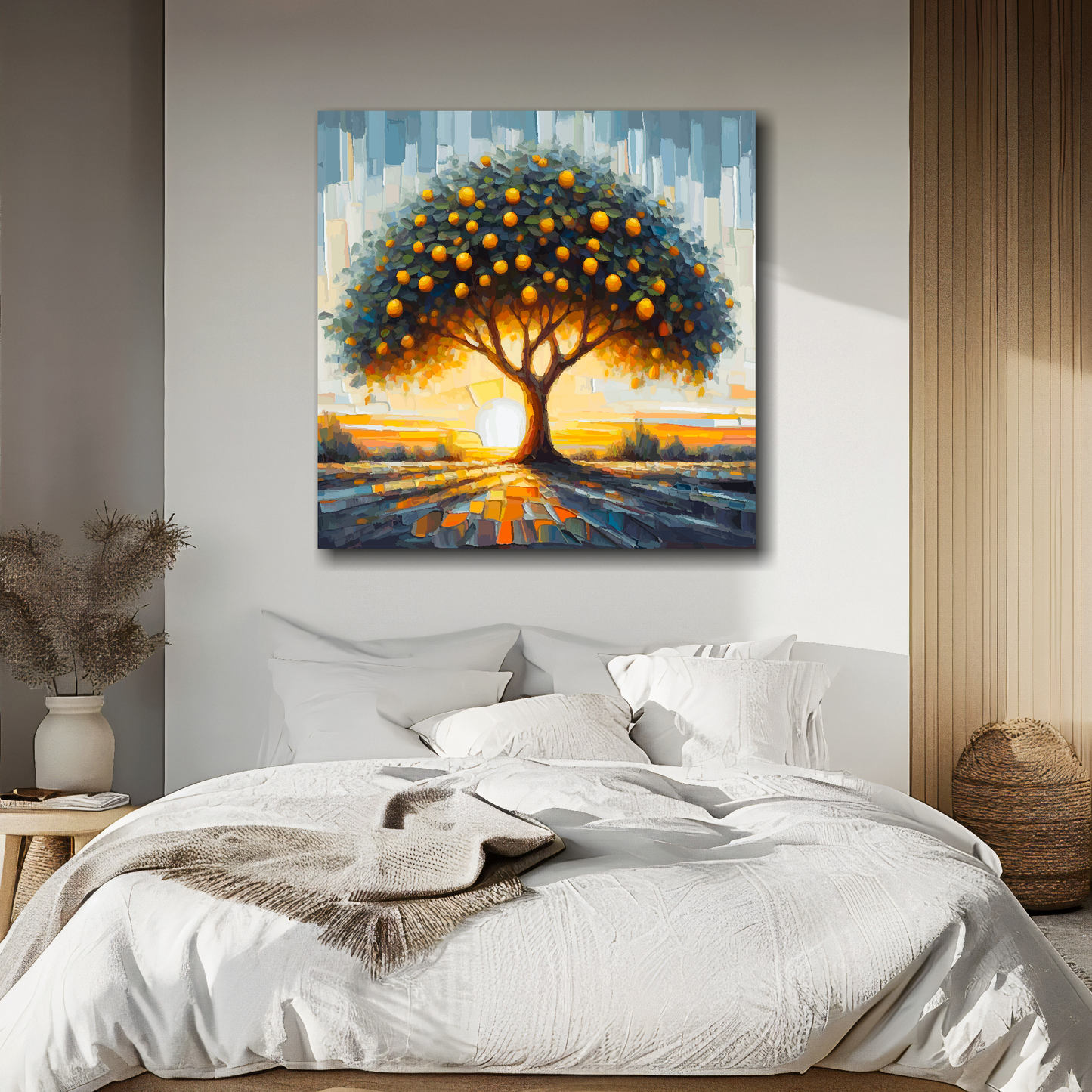 Lemon tree canvas above bed - colourful botanical wall decor for UK bedrooms