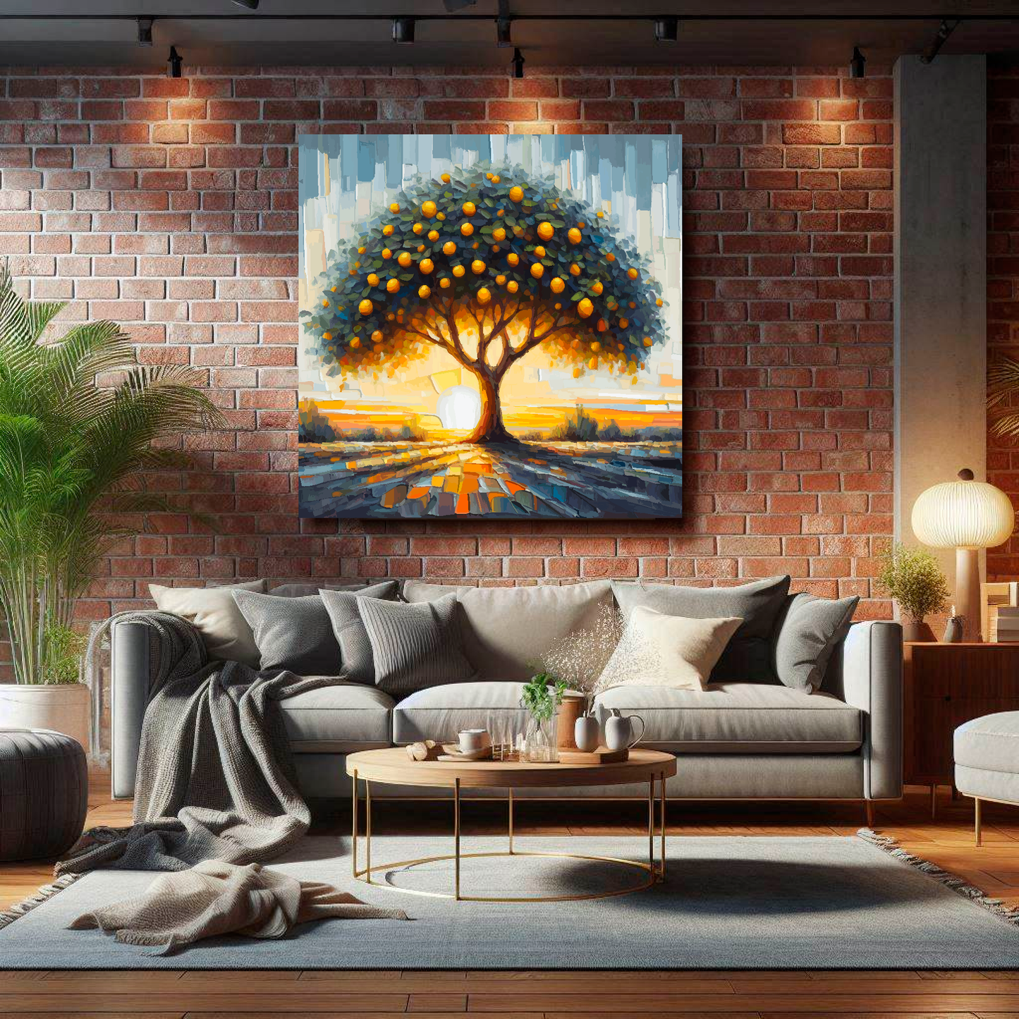 Large lemon tree canvas on brick wall above grey sofa - bold botanical art UK living room