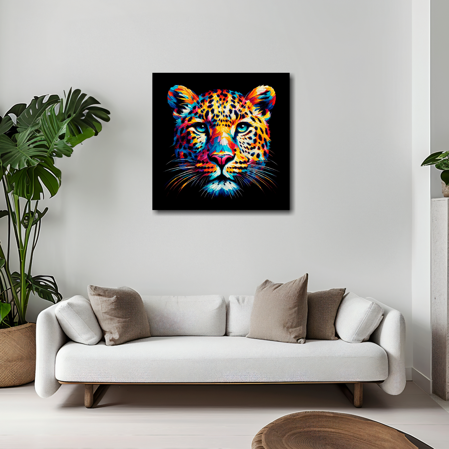 Leopard canvas 20x20 inches above white sofa - vibrant wildlife portrait wall art UK