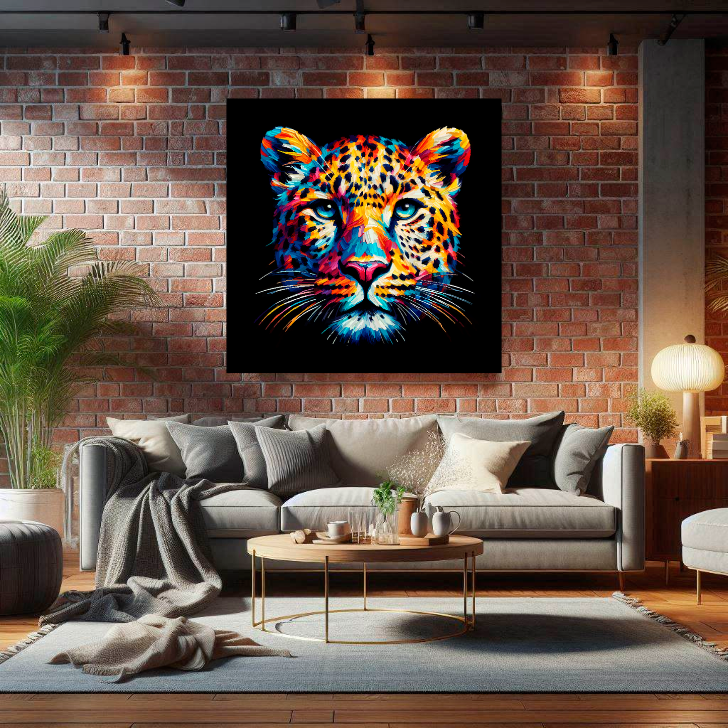 Large Leopard canvas on brick wall above grey sofa - bold wildlife portrait UK living room