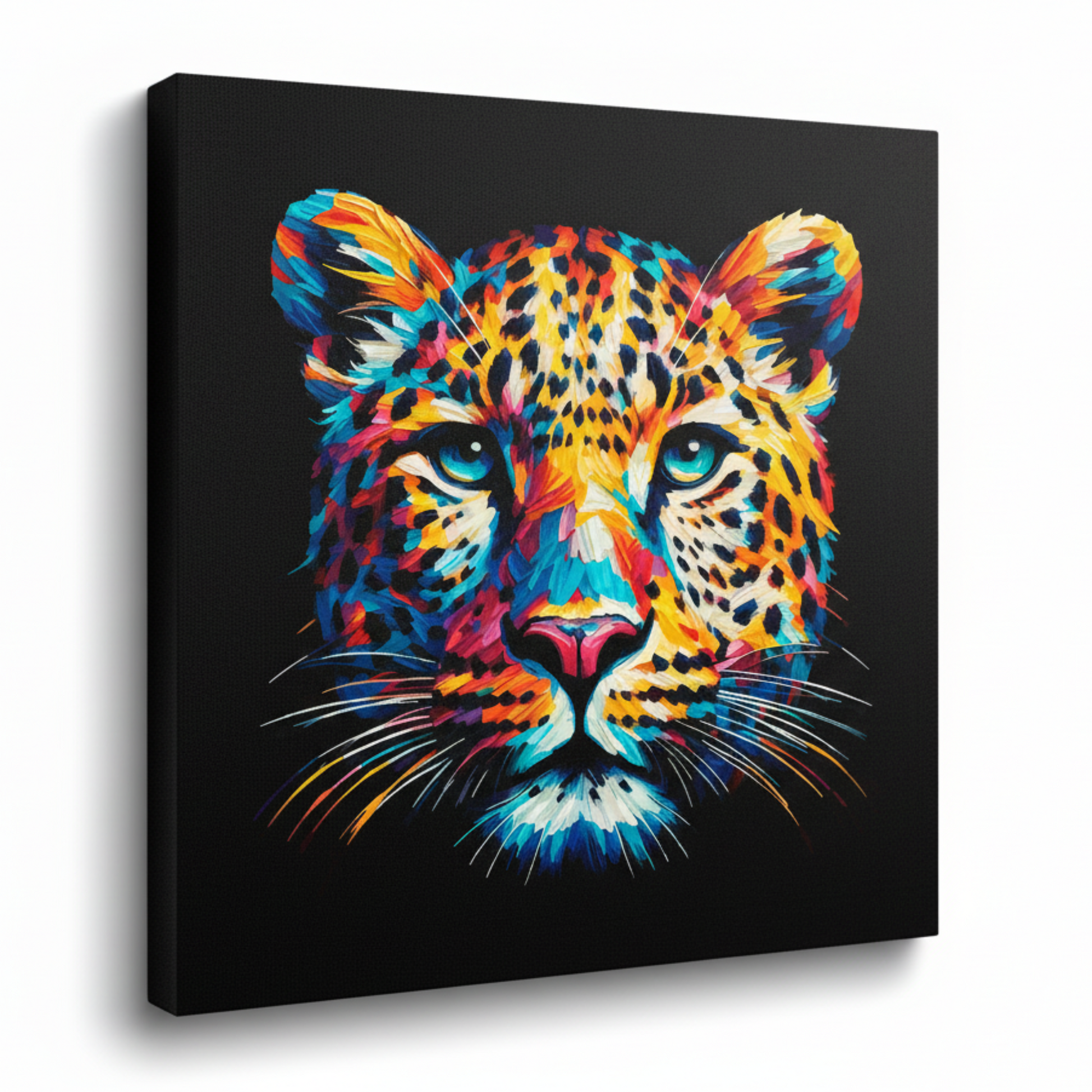 Colourful Leopard wildlife portrait canvas print - UK made abstract animal wall art black background