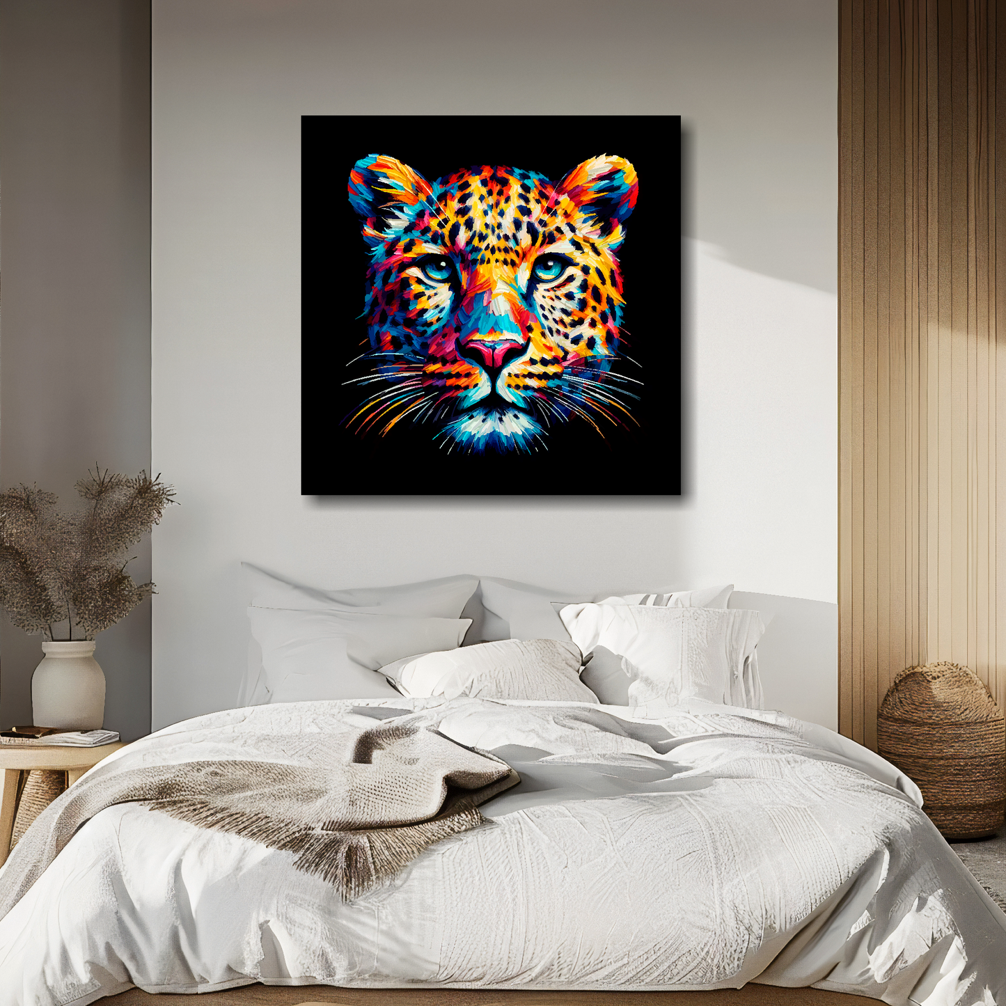 Leopard portrait canvas above bed - colourful wildlife wall decor for UK bedrooms