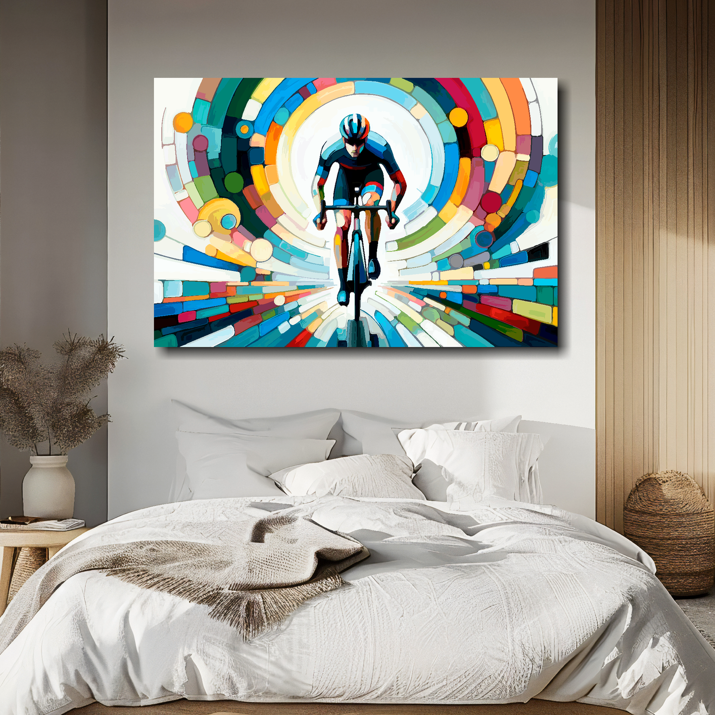 Life is a cycle canvas above bed - colourful cycling wall decor for UK bedrooms