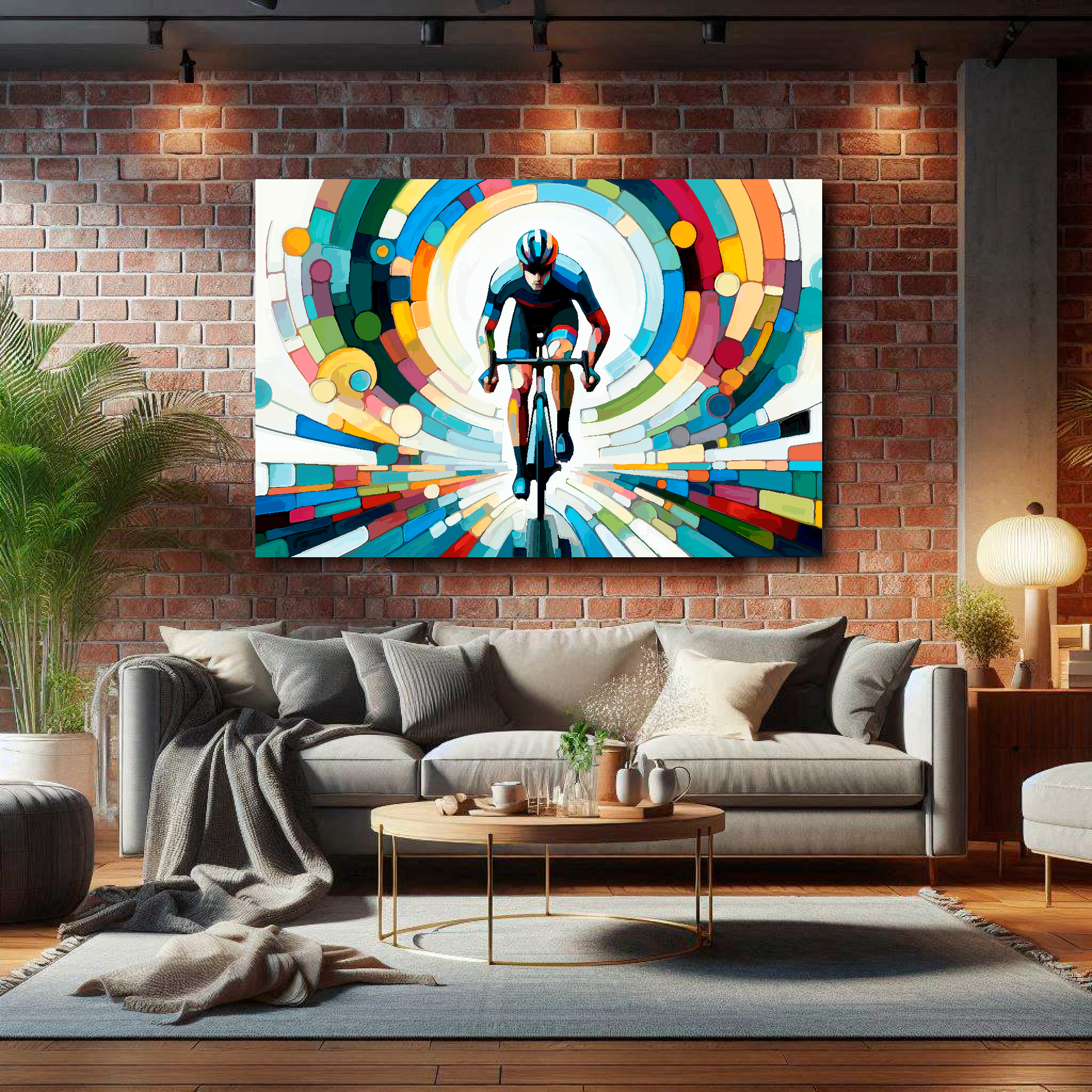 Large life is a cycle canvas on brick wall above grey sofa - bold cycling art UK living room