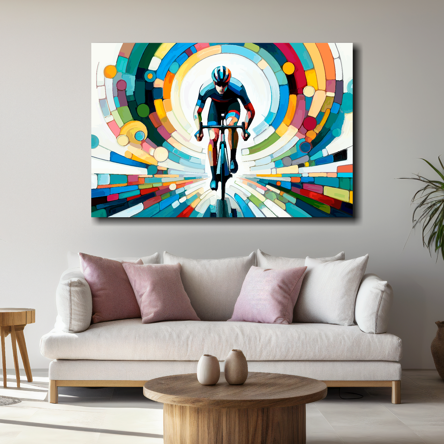 Large life is a cycle canvas above white sofa - vibrant abstract cycling wall art UK