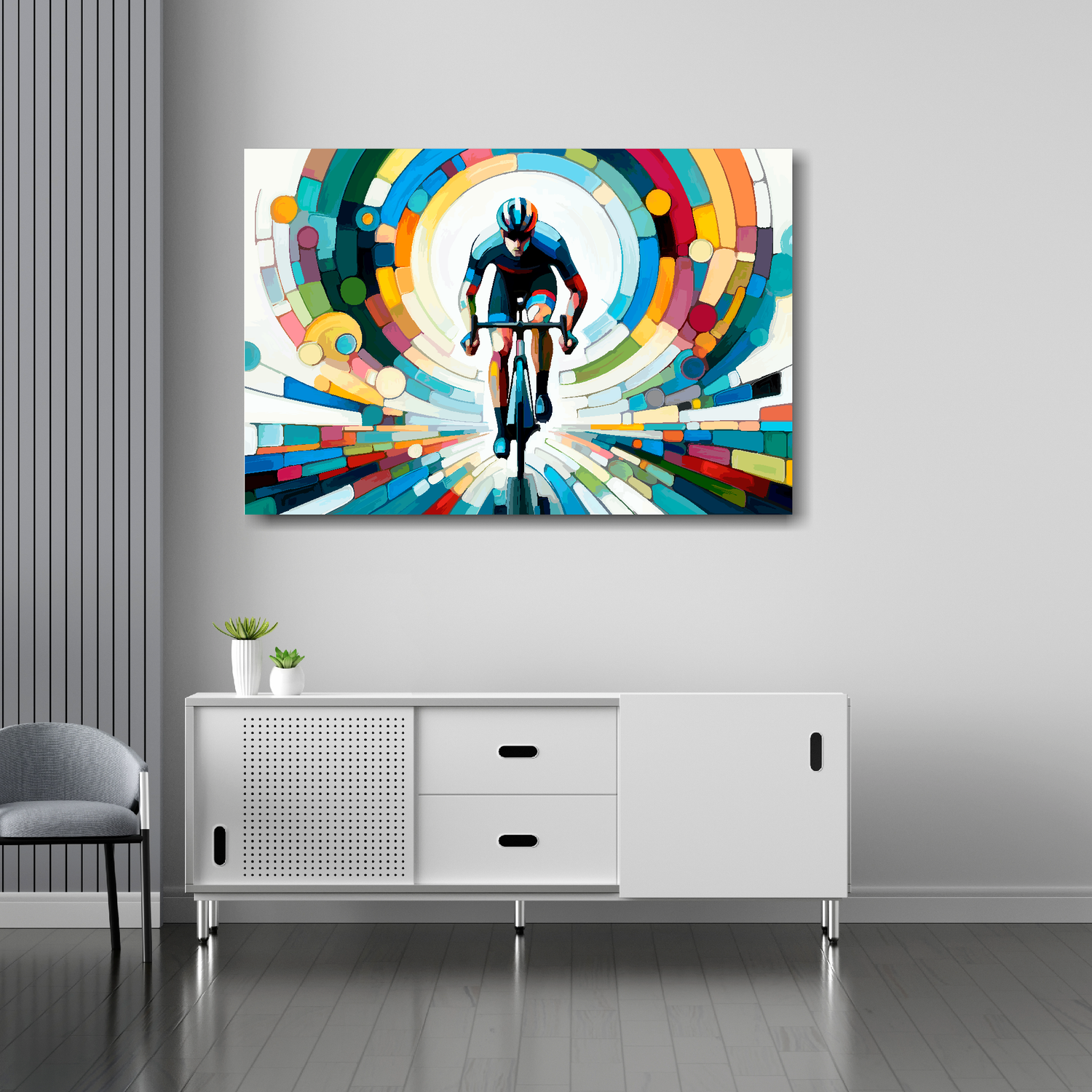 Life is a cycle canvas 36x24 inches above sideboard - large colourful cycling art UK made