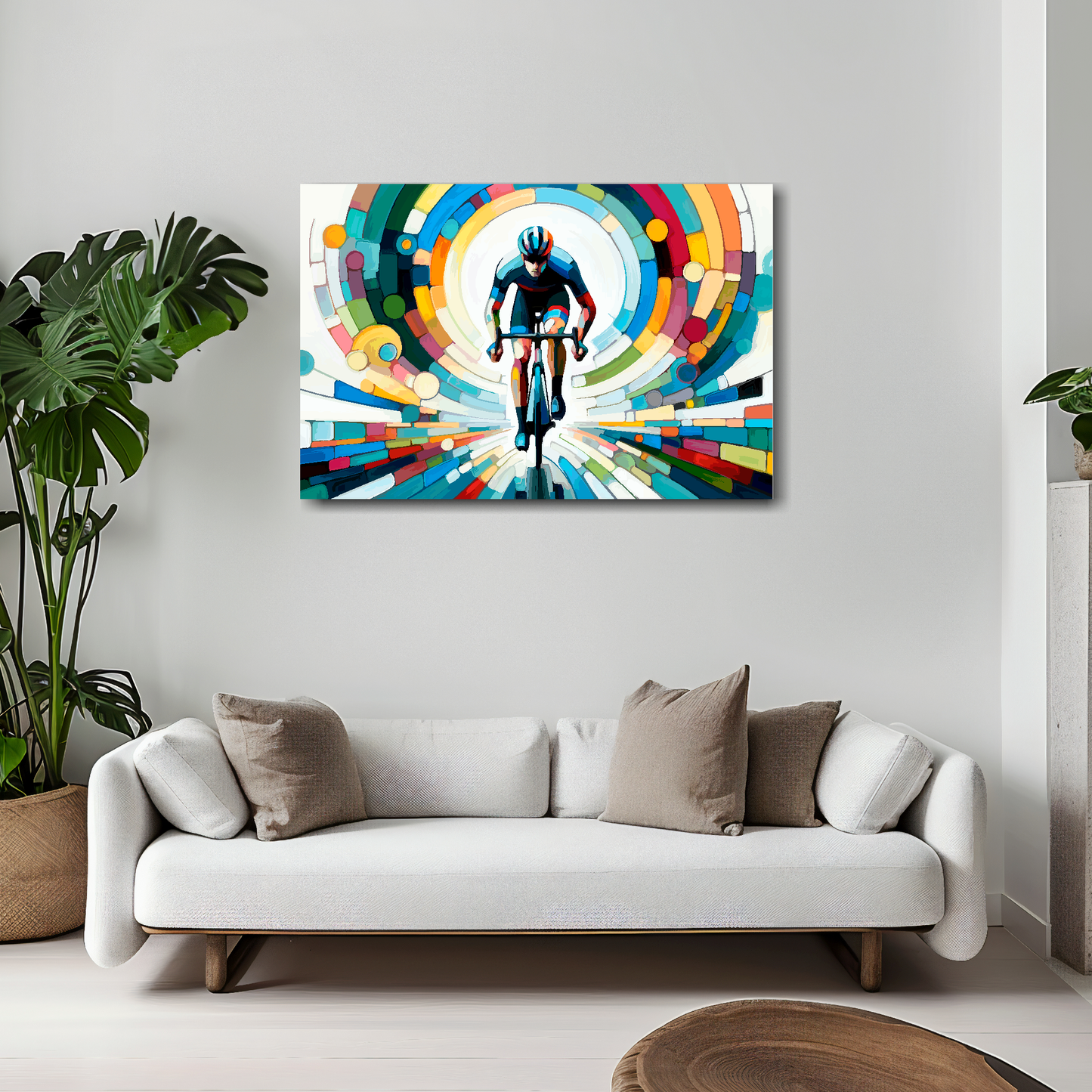 Life is a cycle canvas 30x20 inches above white sofa - vibrant cycling wall art UK