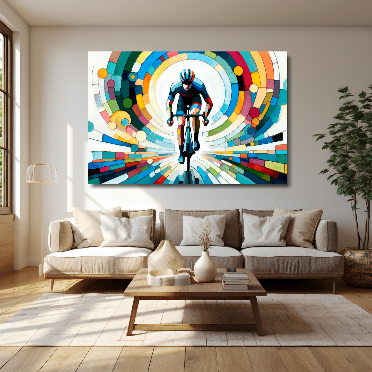 Life is a cycle canvas 60x40 inches above cream sofa - XL vibrant cycling wall art UK
