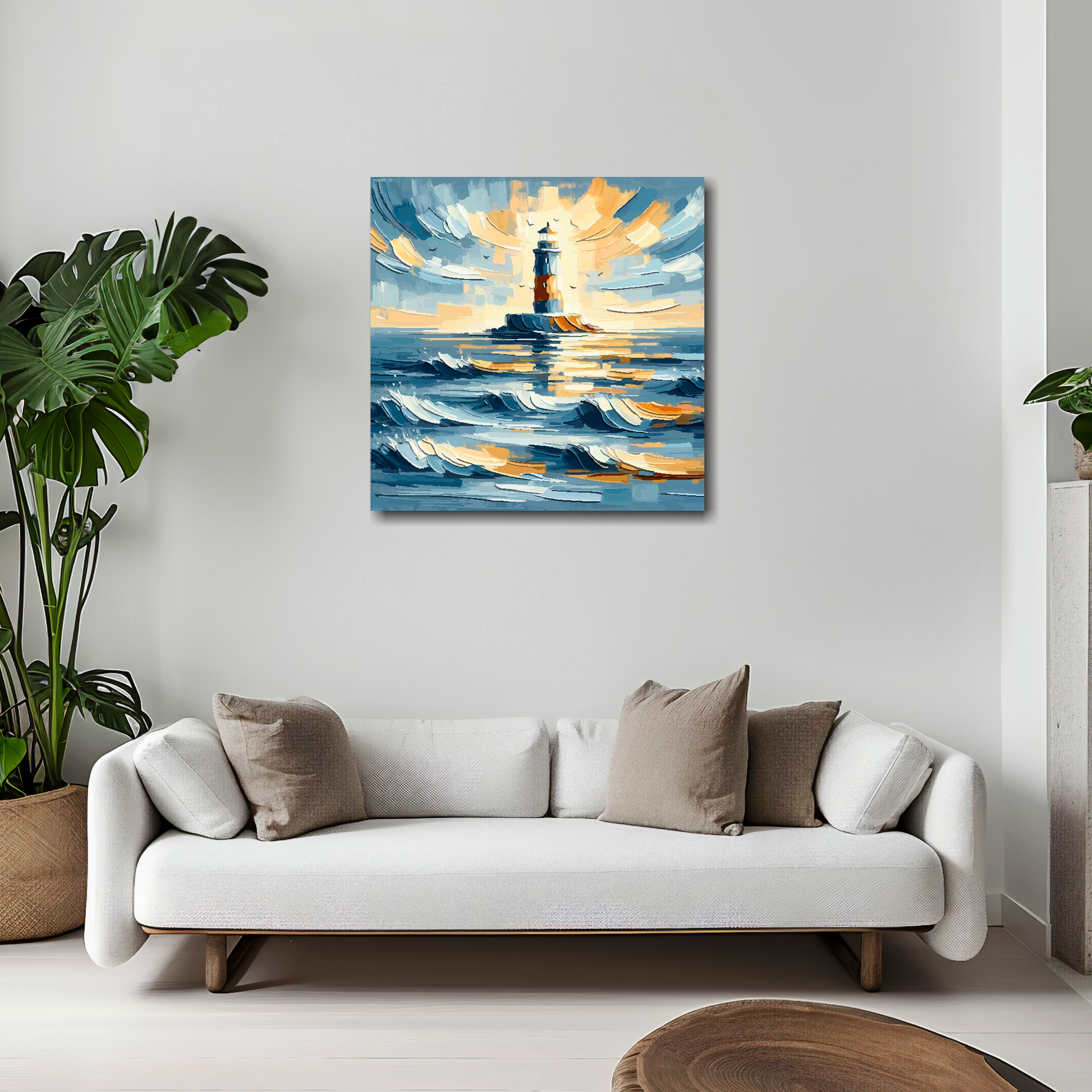 Lighthouse seascape canvas 20x20 inches above white sofa - vibrant coastal wall art UK