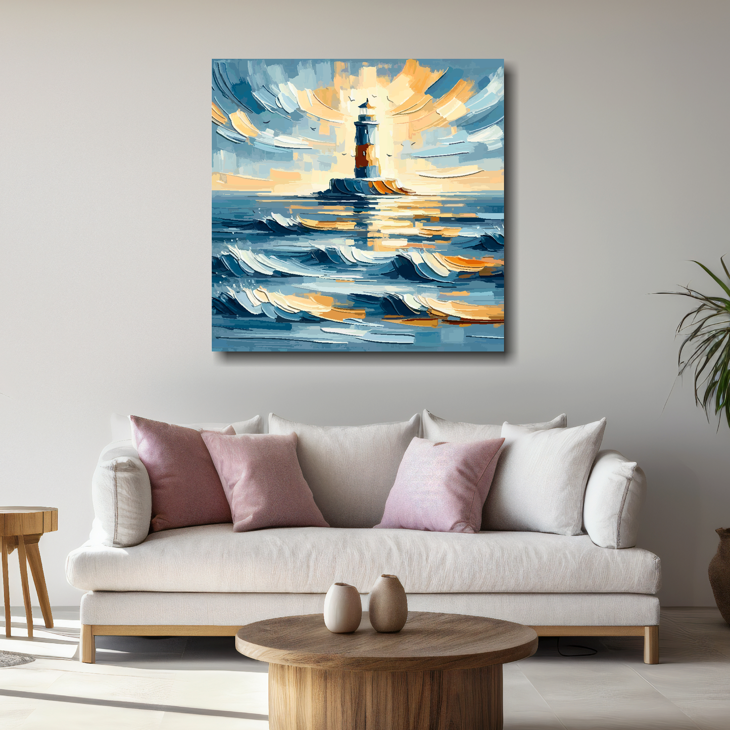 Large lighthouse seascape canvas above white sofa - vibrant abstract coastal wall art UK