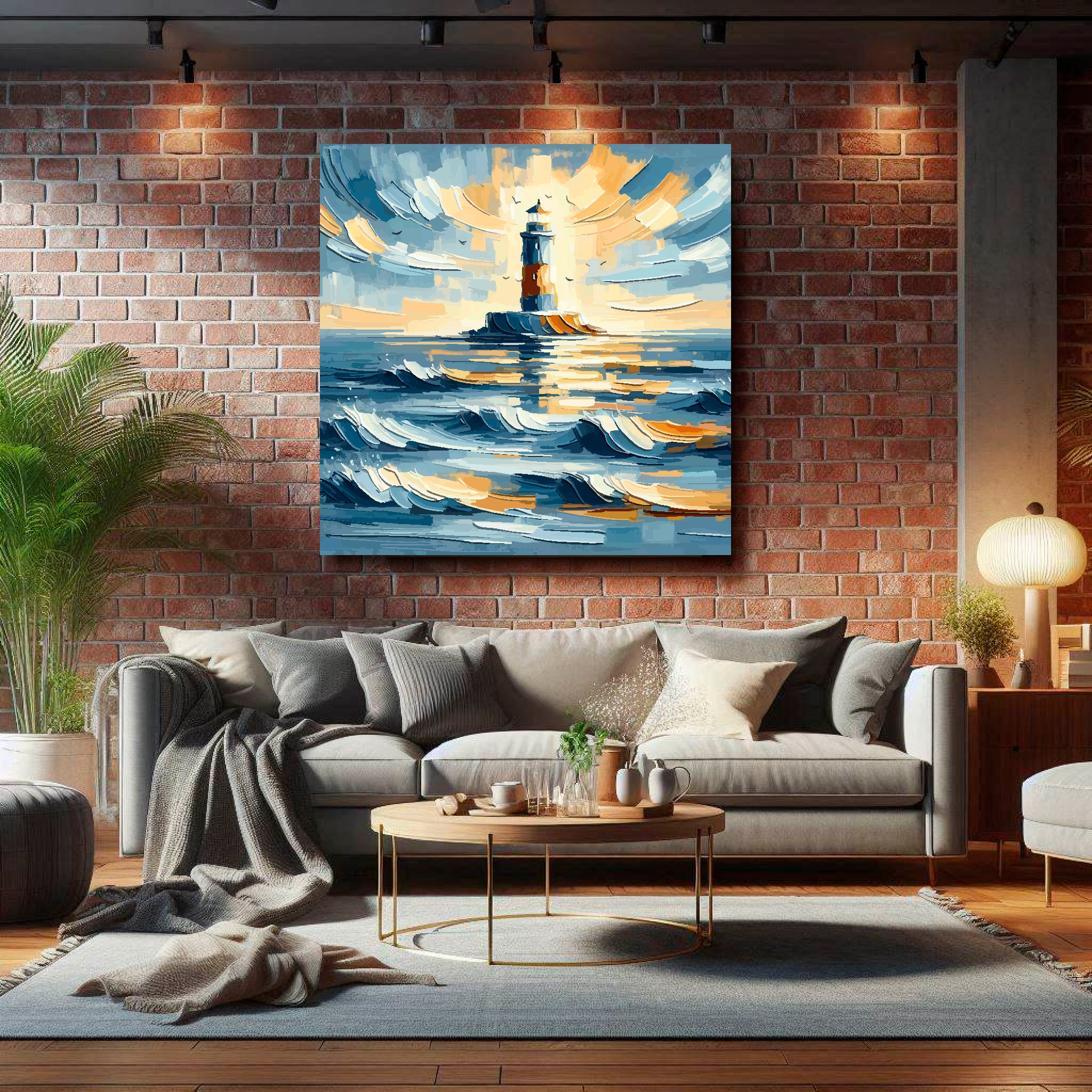 Large lighthouse seascape canvas on brick wall above grey sofa - bold coastal art UK living room