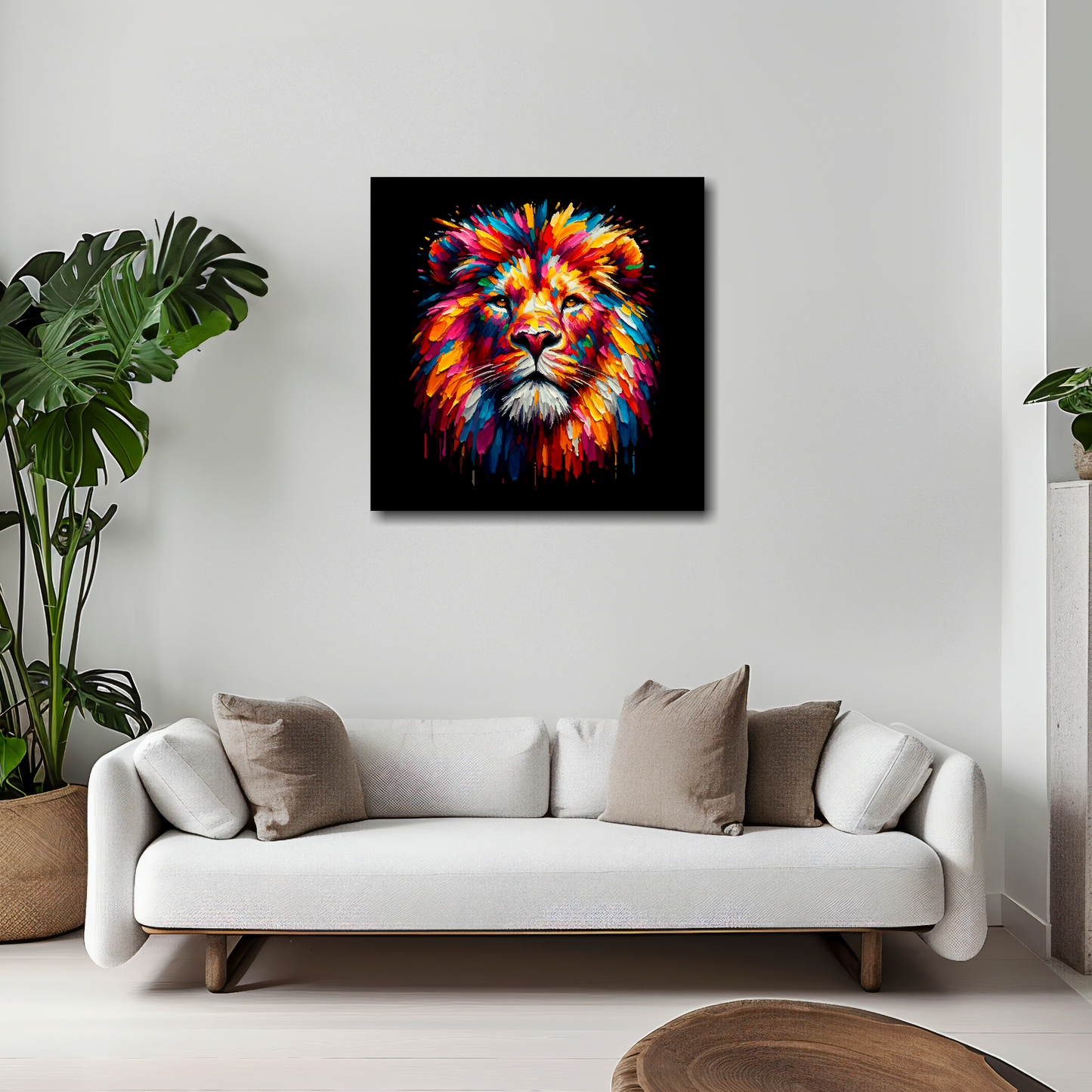 Lion canvas 20x20 inches above white sofa - vibrant wildlife portrait wall art UK