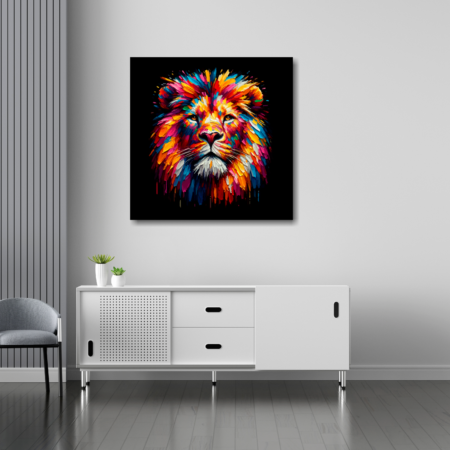 Lion canvas 30x30 inches above sideboard - large colourful wildlife portrait UK made