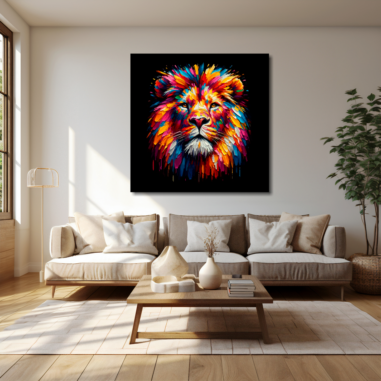 Lion canvas 40x40 inches above cream sofa - XL vibrant wildlife wall art UK