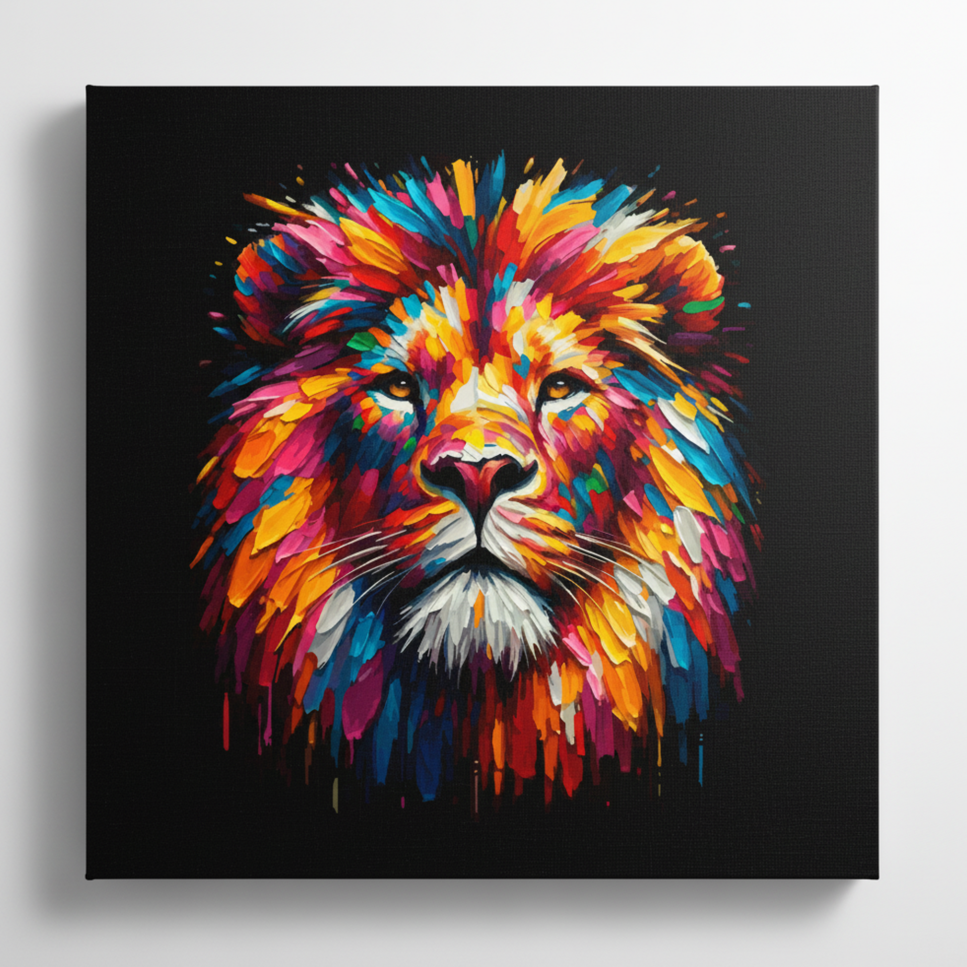 Colourful Lion wildlife portrait canvas print - UK made abstract animal wall art black background