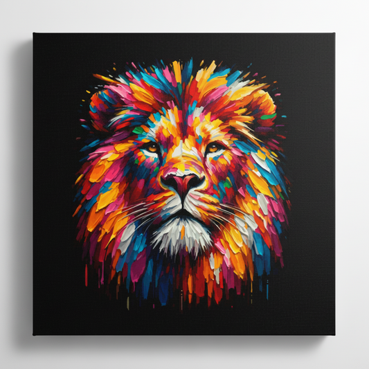 Colourful Lion wildlife portrait canvas print - UK made abstract animal wall art black background