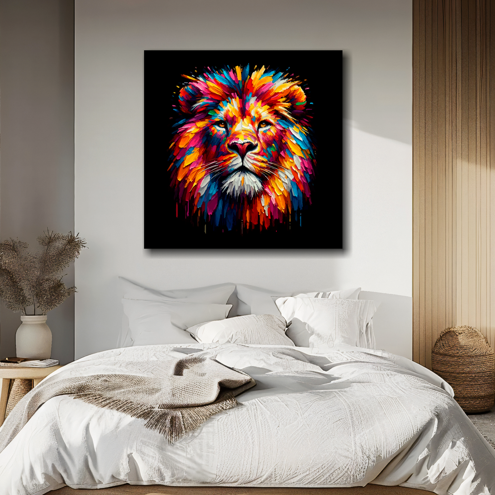 Lion portrait canvas above bed - colourful wildlife wall decor for UK bedrooms