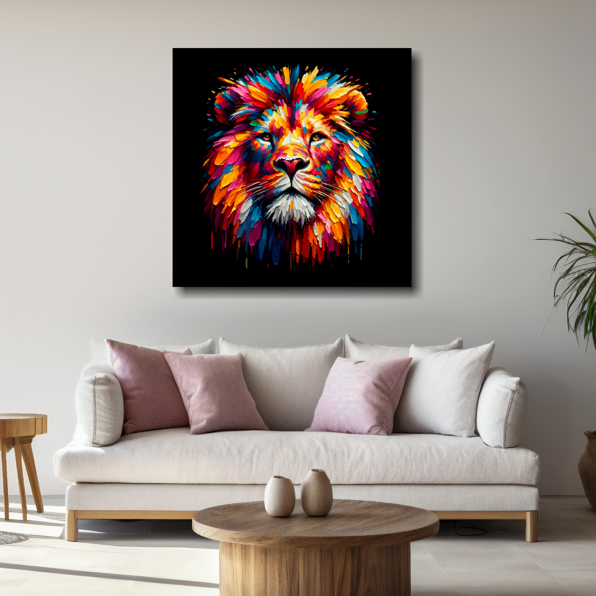 Large Lion canvas above white sofa - vibrant abstract wildlife portrait wall art UK