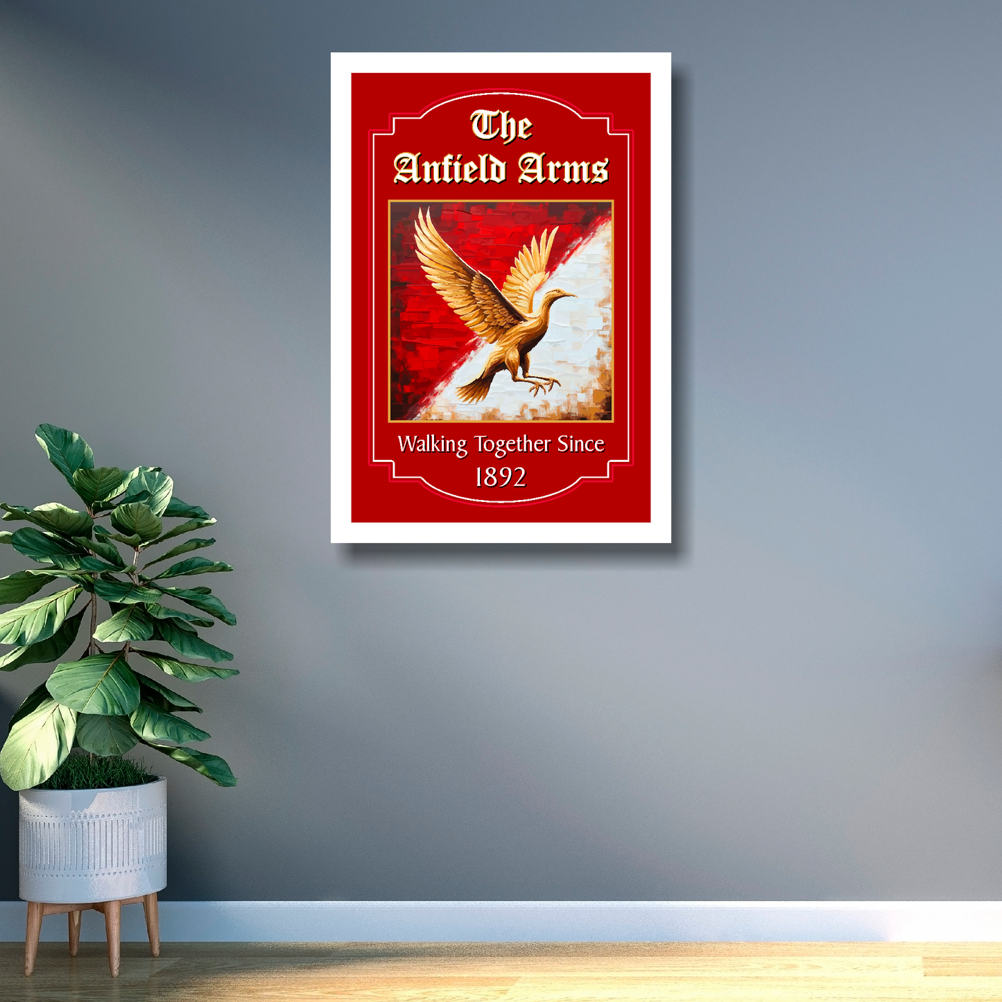 White framed Liverpool inspired pub sign, featuring a Liverbird, mounted on a grey office wall