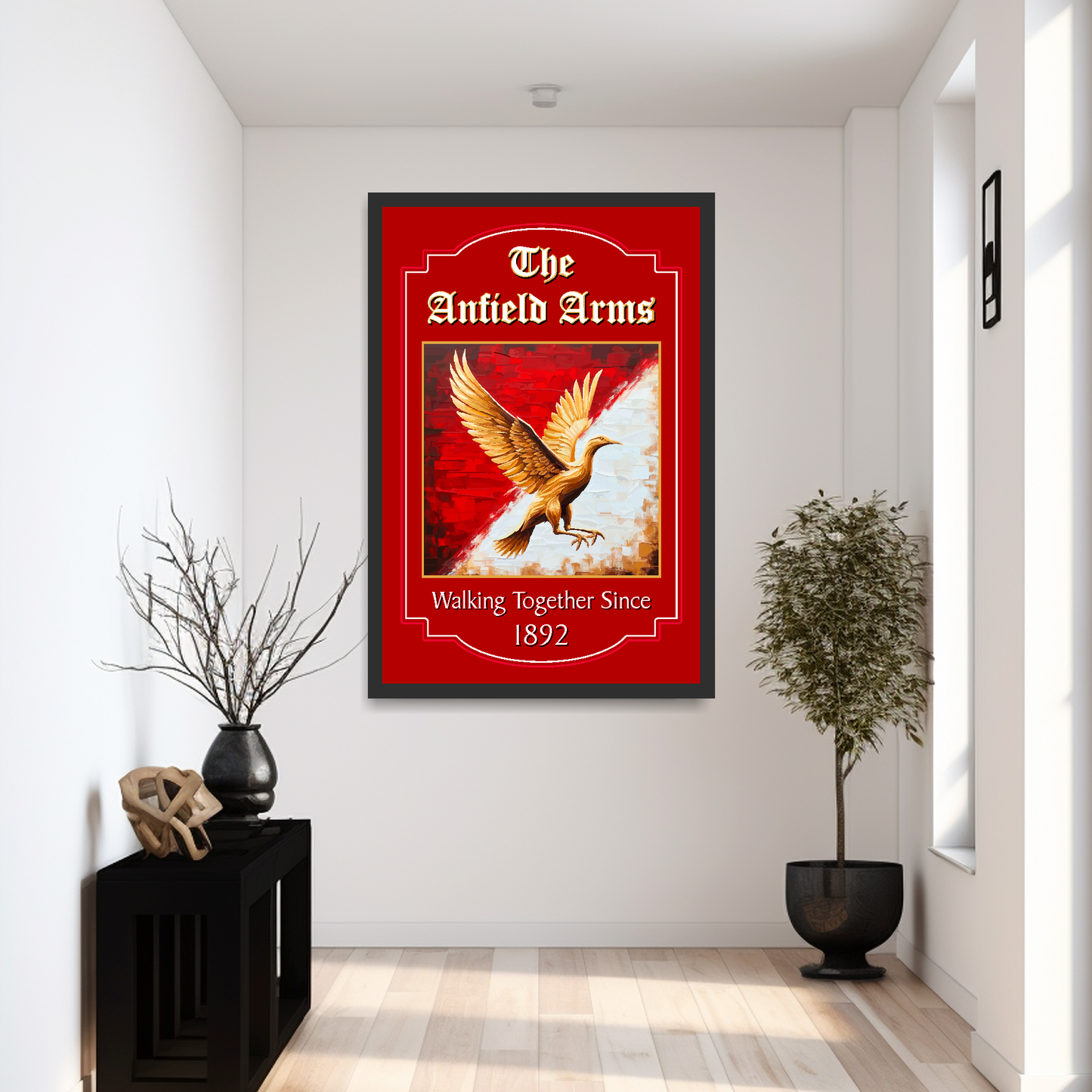 XL framed Liverpool inspired pub sign, featuring a Liverbird, mounted in a modern hallway