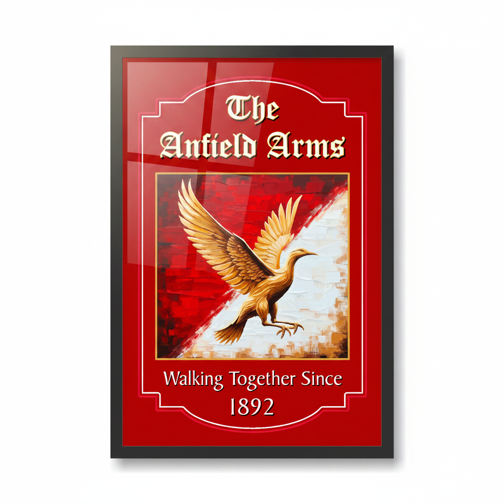 Framed Liverpool inspired pub sign, featuring a Liverbird and text 'The Anfield Arms'