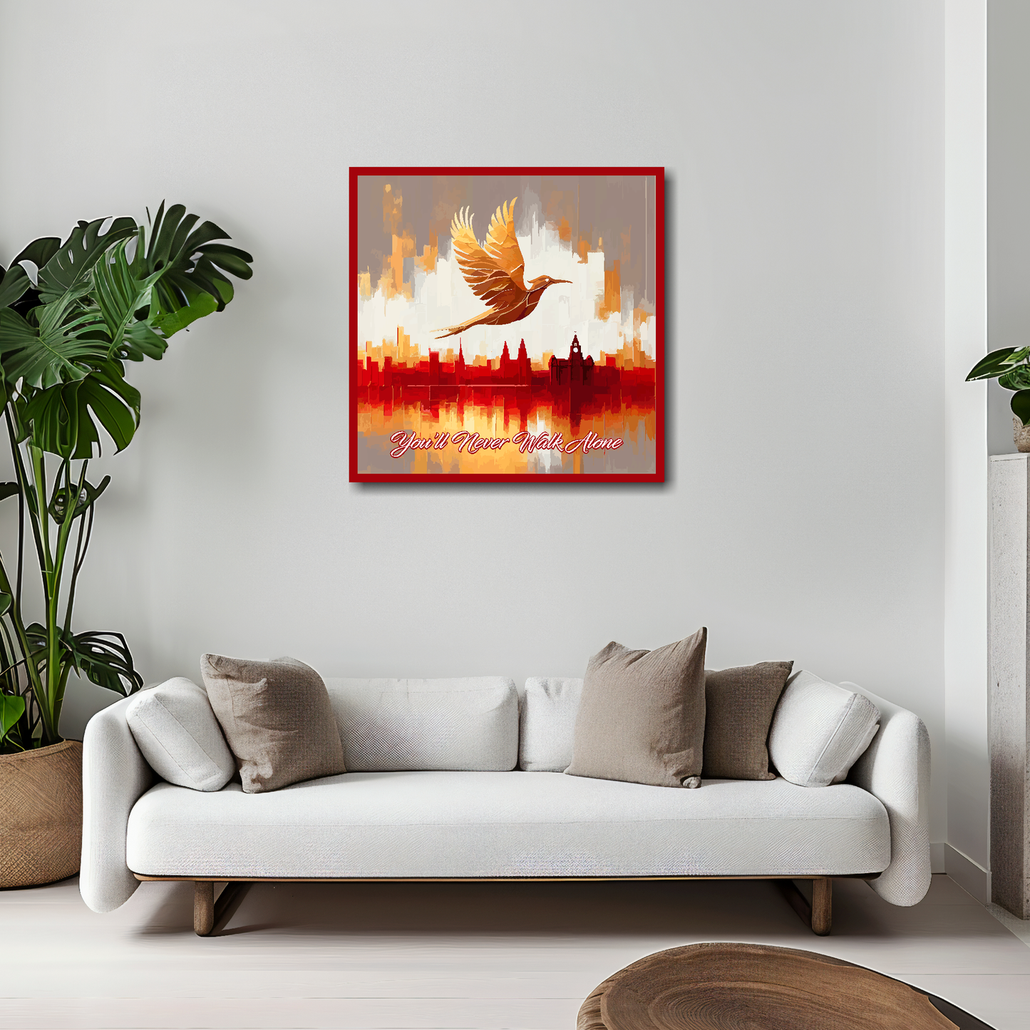 Liverpool inspired canvas 20x20 inches above white sofa - vibrant UK city wall art