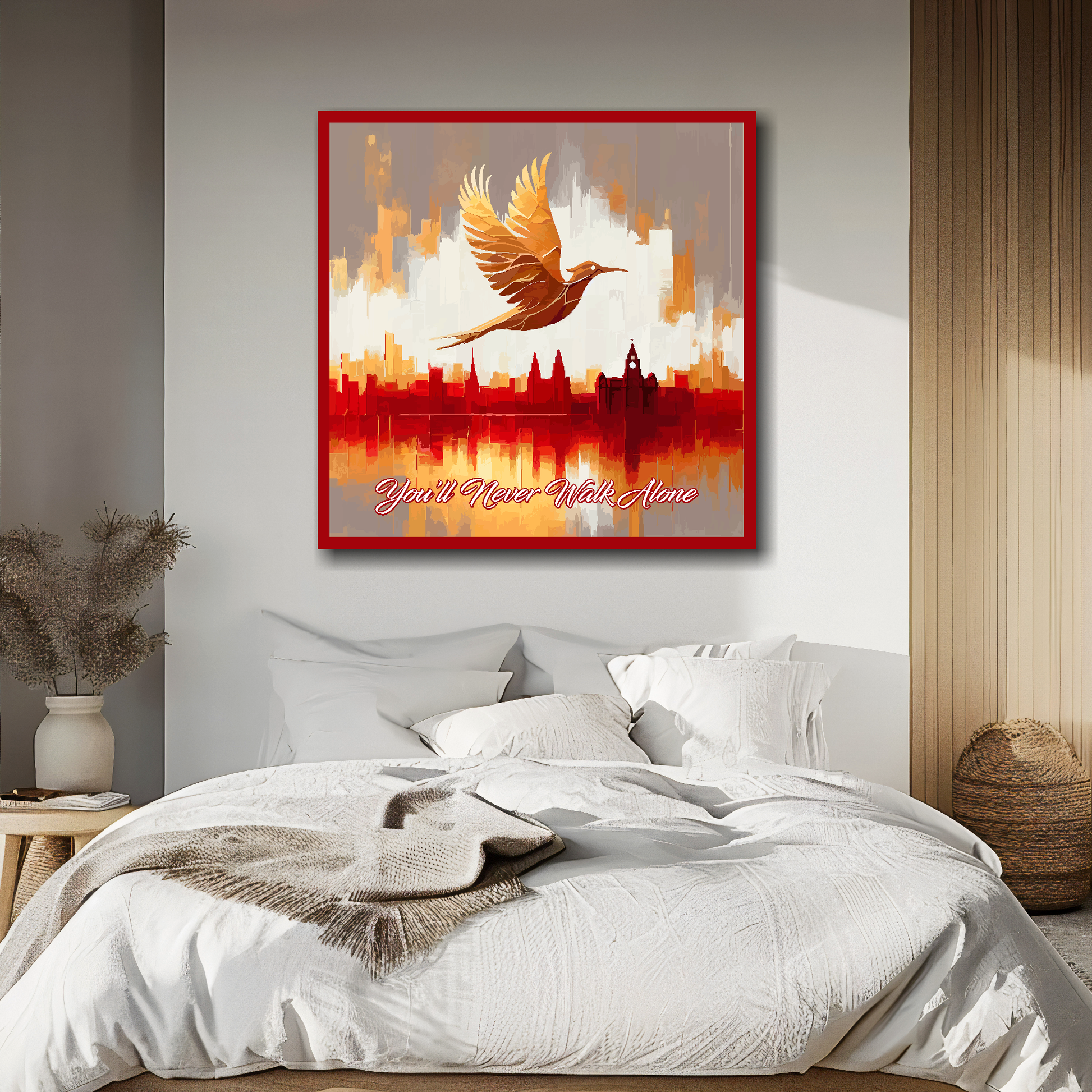 Liverpool inspired canvas above bed - colourful UK city wall decor for bedrooms