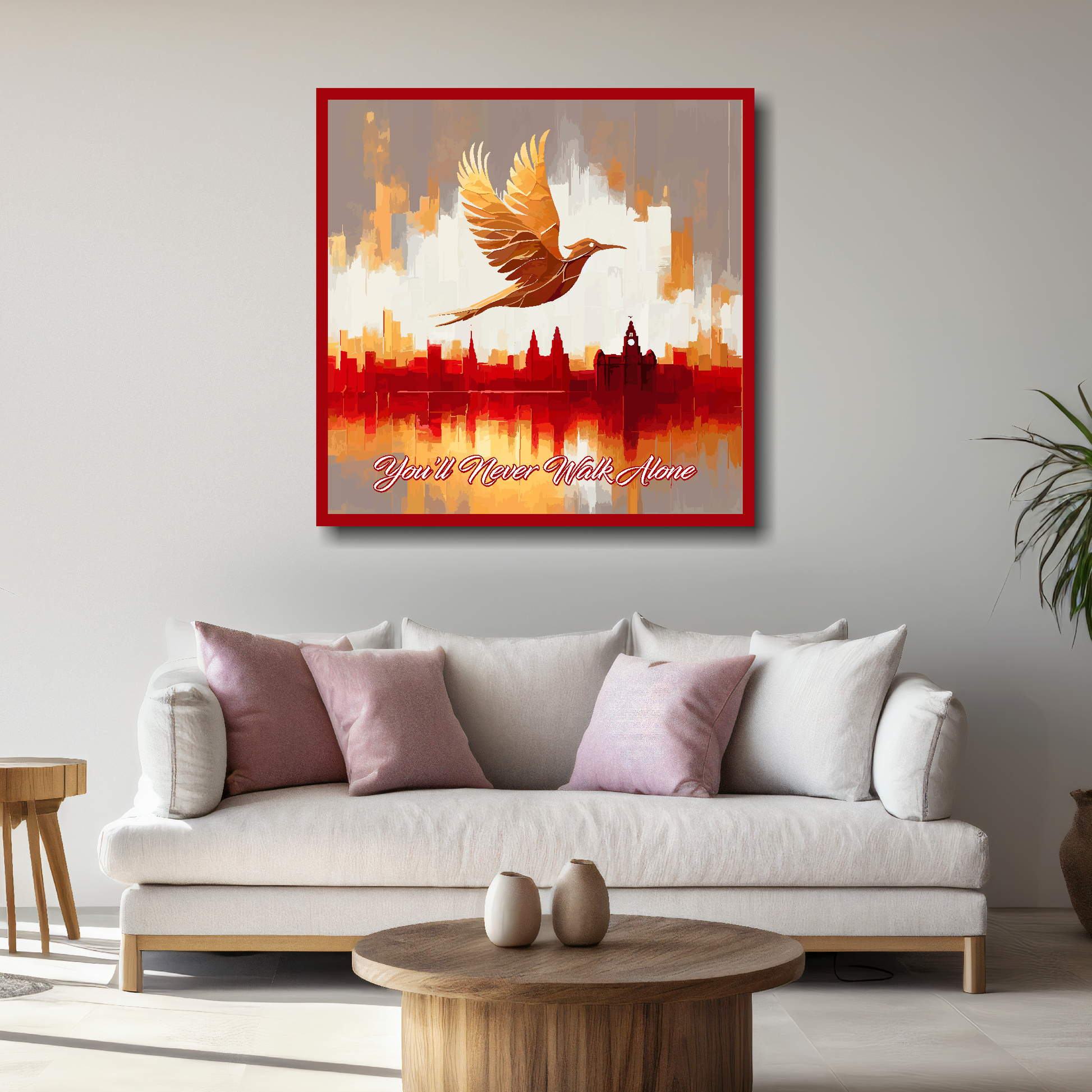 Large Liverpool inspired canvas above white sofa - vibrant abstract UK city wall art