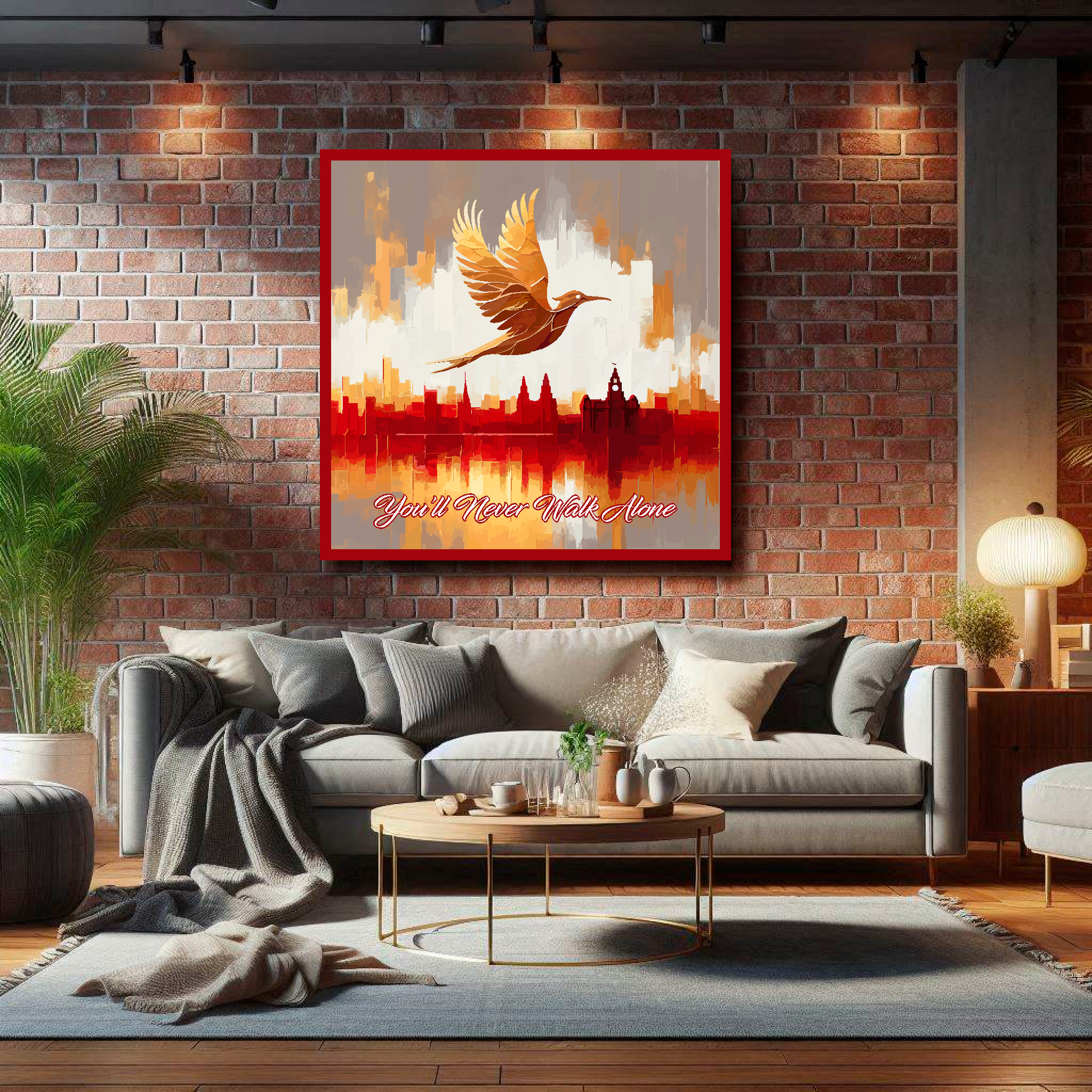 Large Liverpool inspired canvas on brick wall above grey sofa - bold UK city art living room