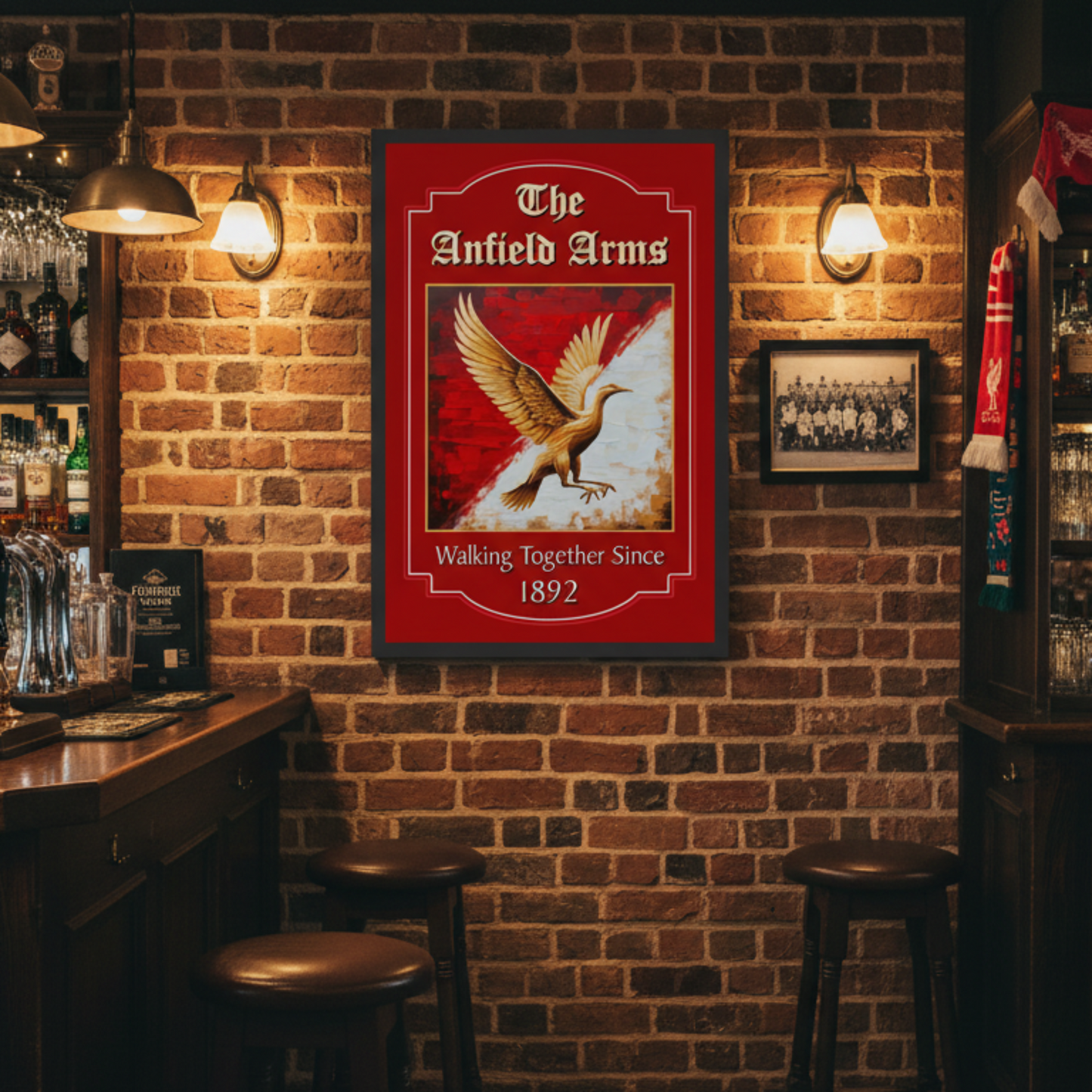 Black framed Liverpool inspired pub sign, featuring a Liverbird, mounted on a English bar wall