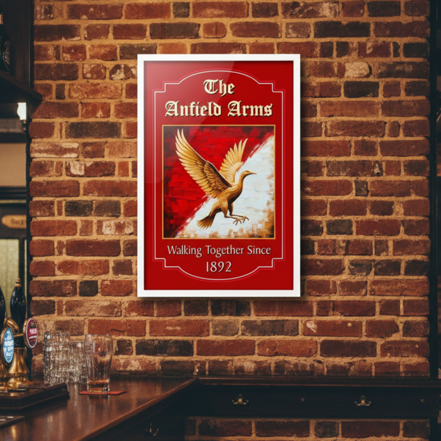 Framed Liverpool inspired pub sign, featuring a Liverbird, mounted on a English bar wall