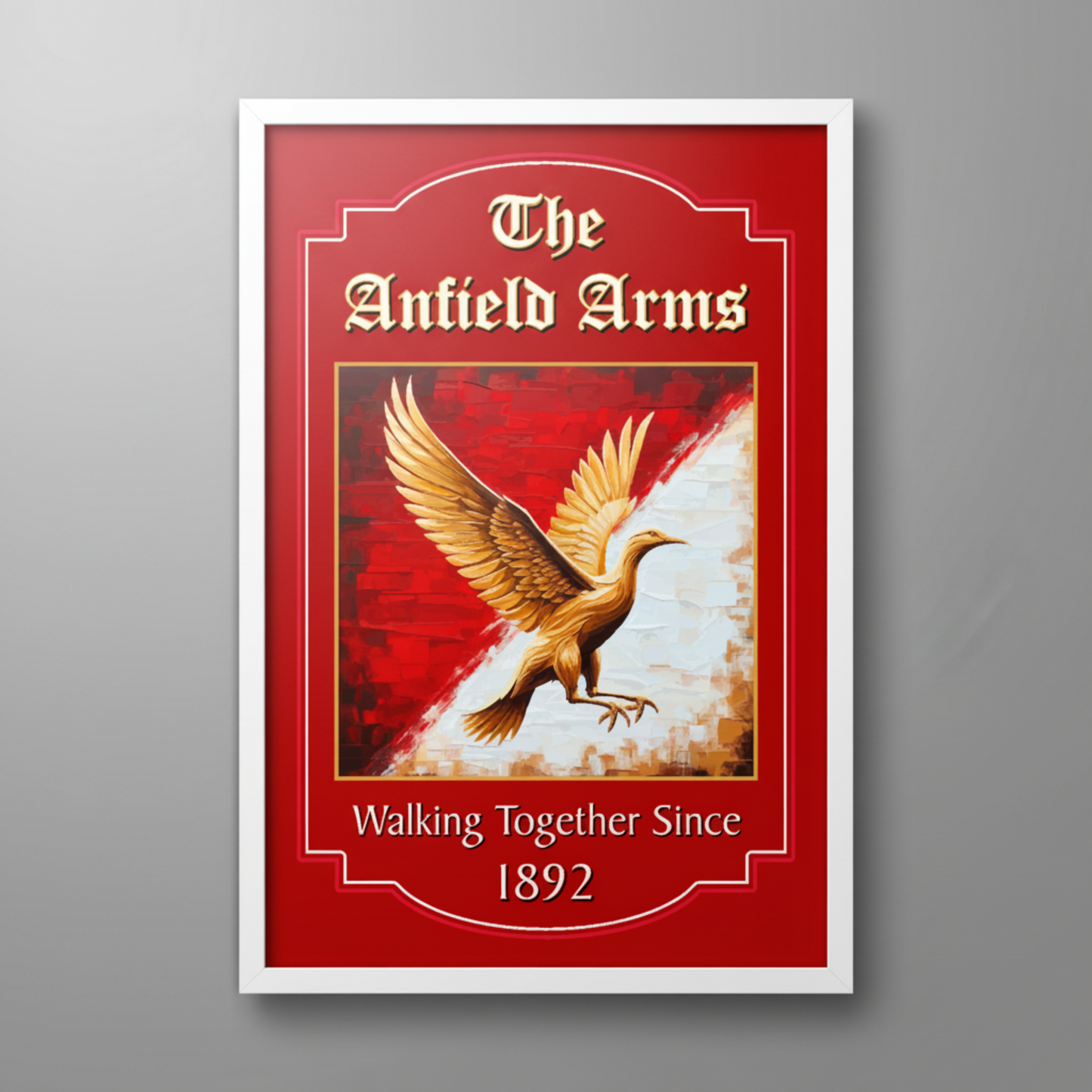 White framed Liverpool inspired pub sign, featuring a Liverbird, available in two large sizes.