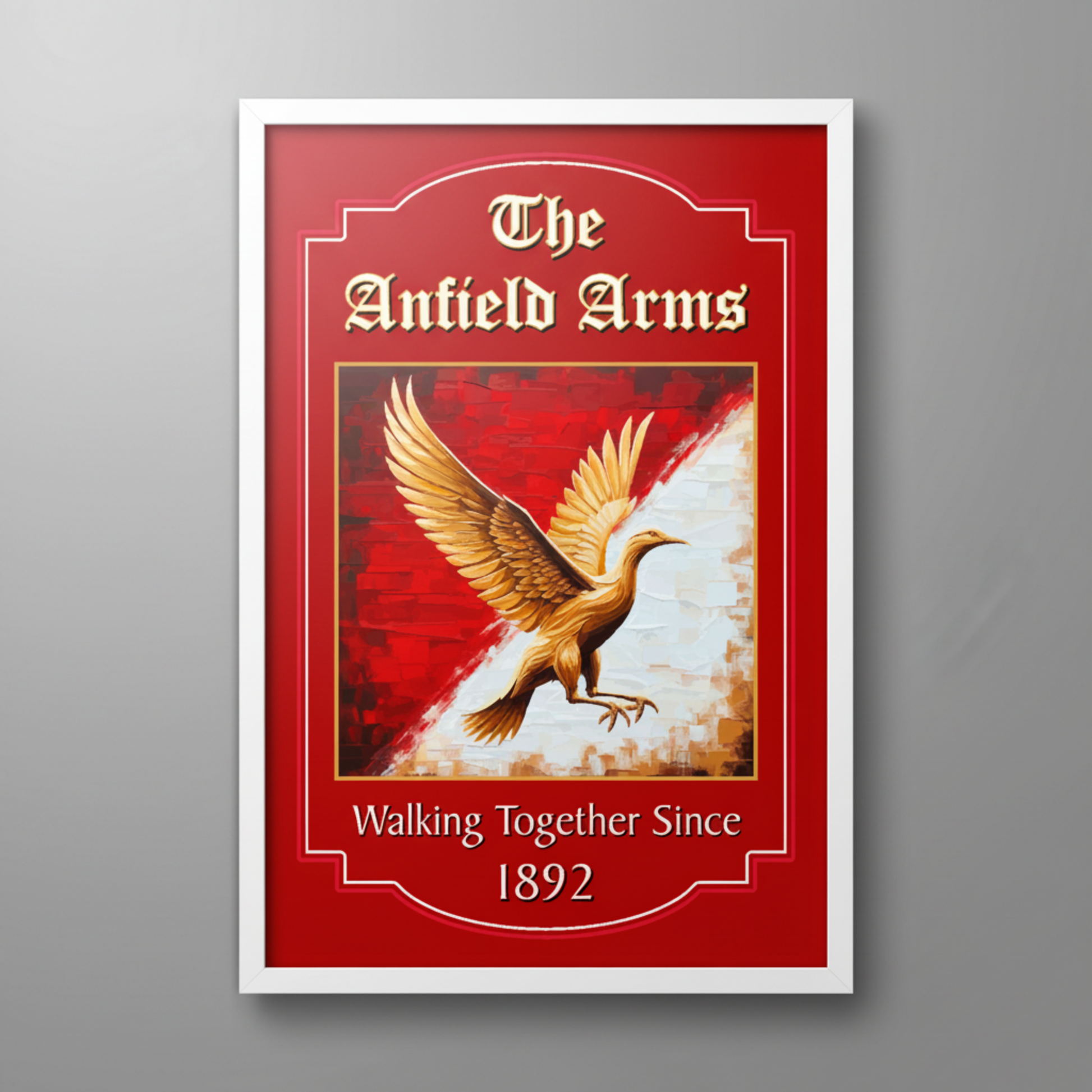White framed Liverpool inspired pub sign, featuring a Liverbird, available in two large sizes.