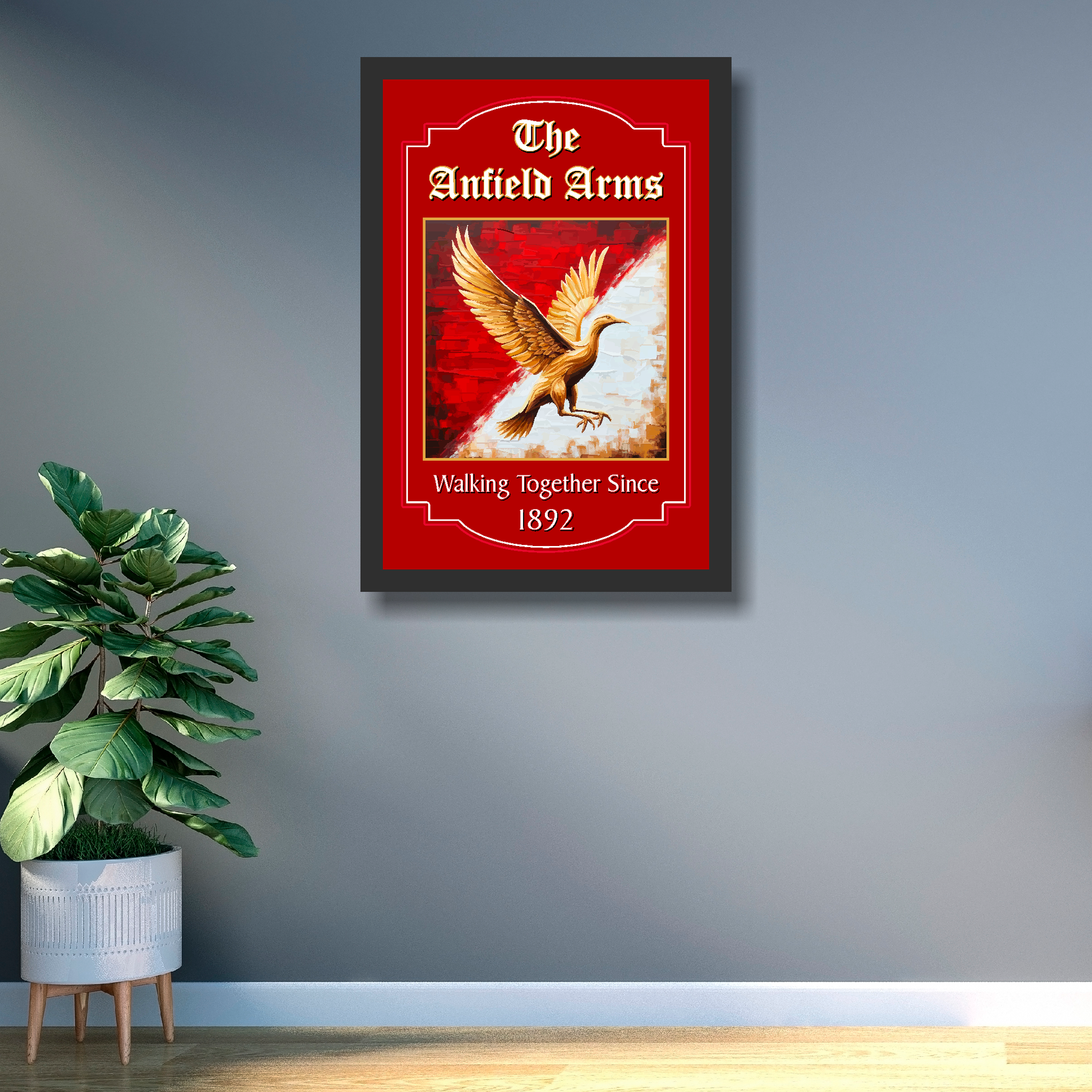 Framed Liverpool inspired pub sign, featuring a Liverbird, mounted on a grey office wall
