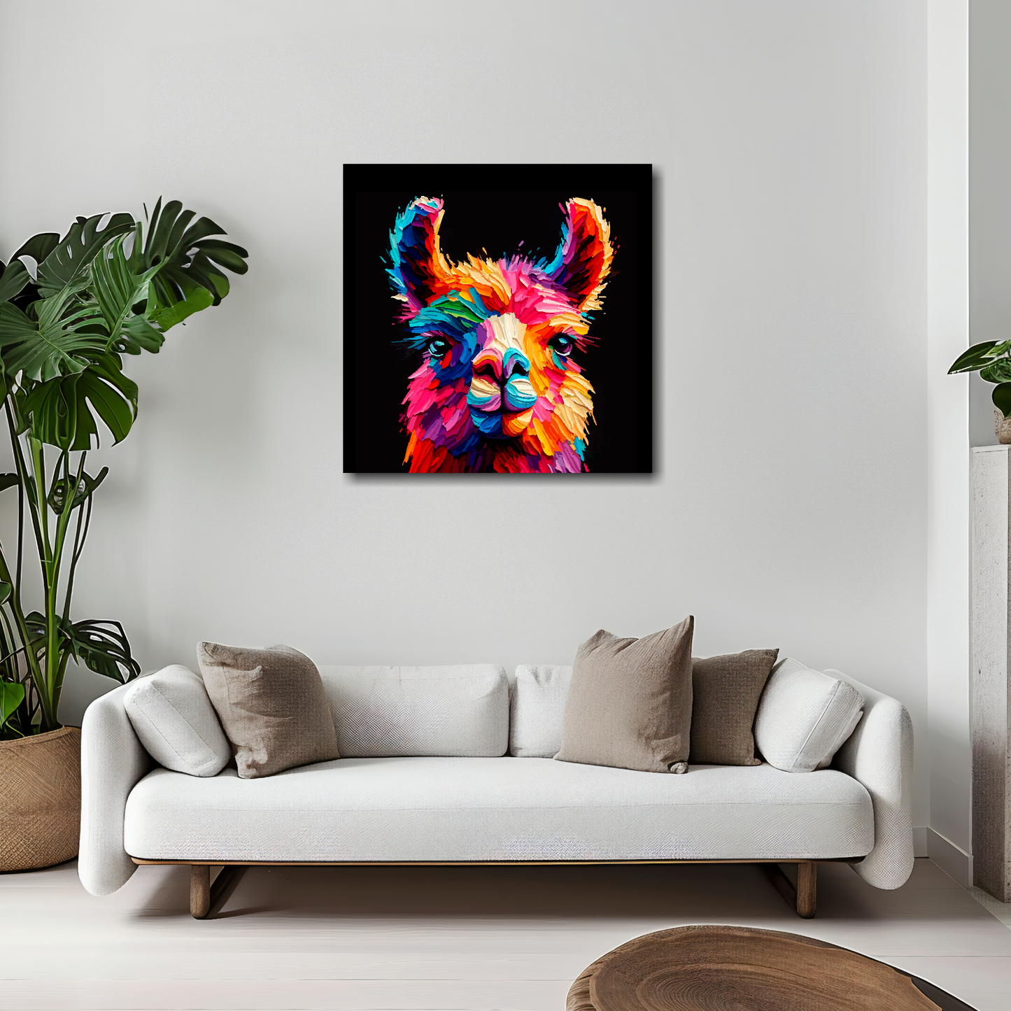 Llama canvas 20x20 inches above white sofa - vibrant farm animal portrait wall art UK