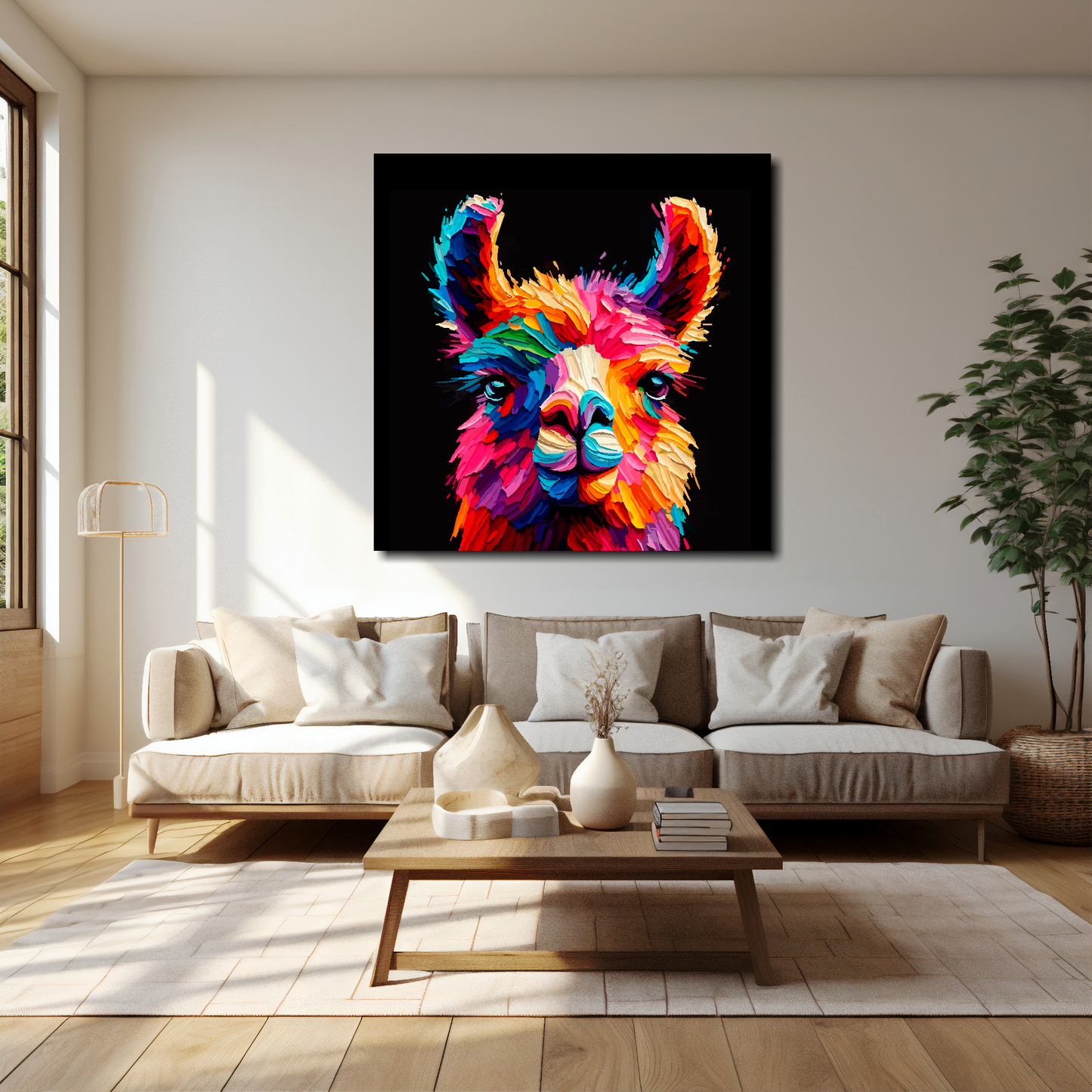 Llama canvas 40x40 inches above cream sofa - XL vibrant farm animal wall art UK