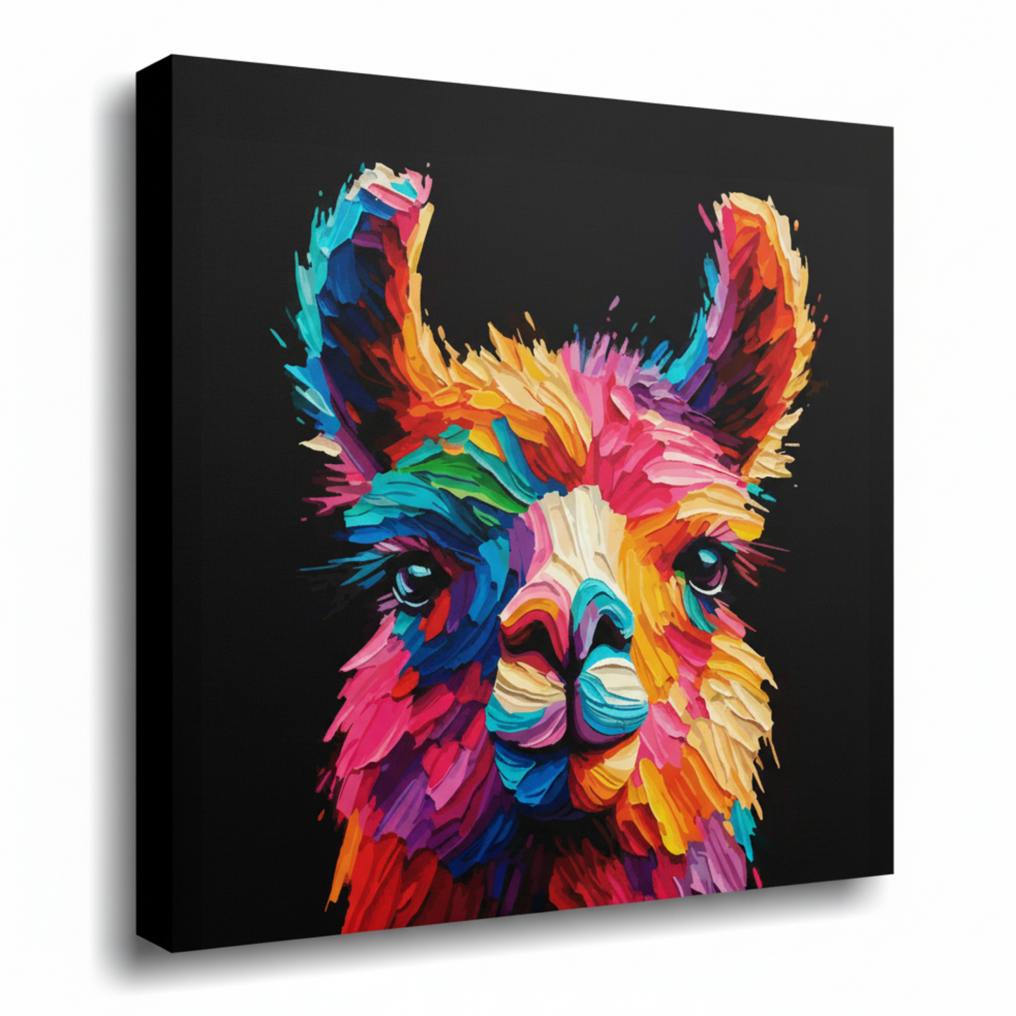 Colourful Llama farm animal portrait canvas print - UK made abstract wall art black background