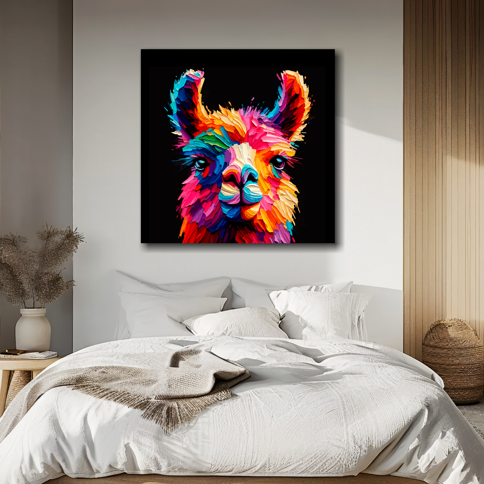 Llama portrait canvas above bed - colourful farm animal wall decor for UK bedrooms