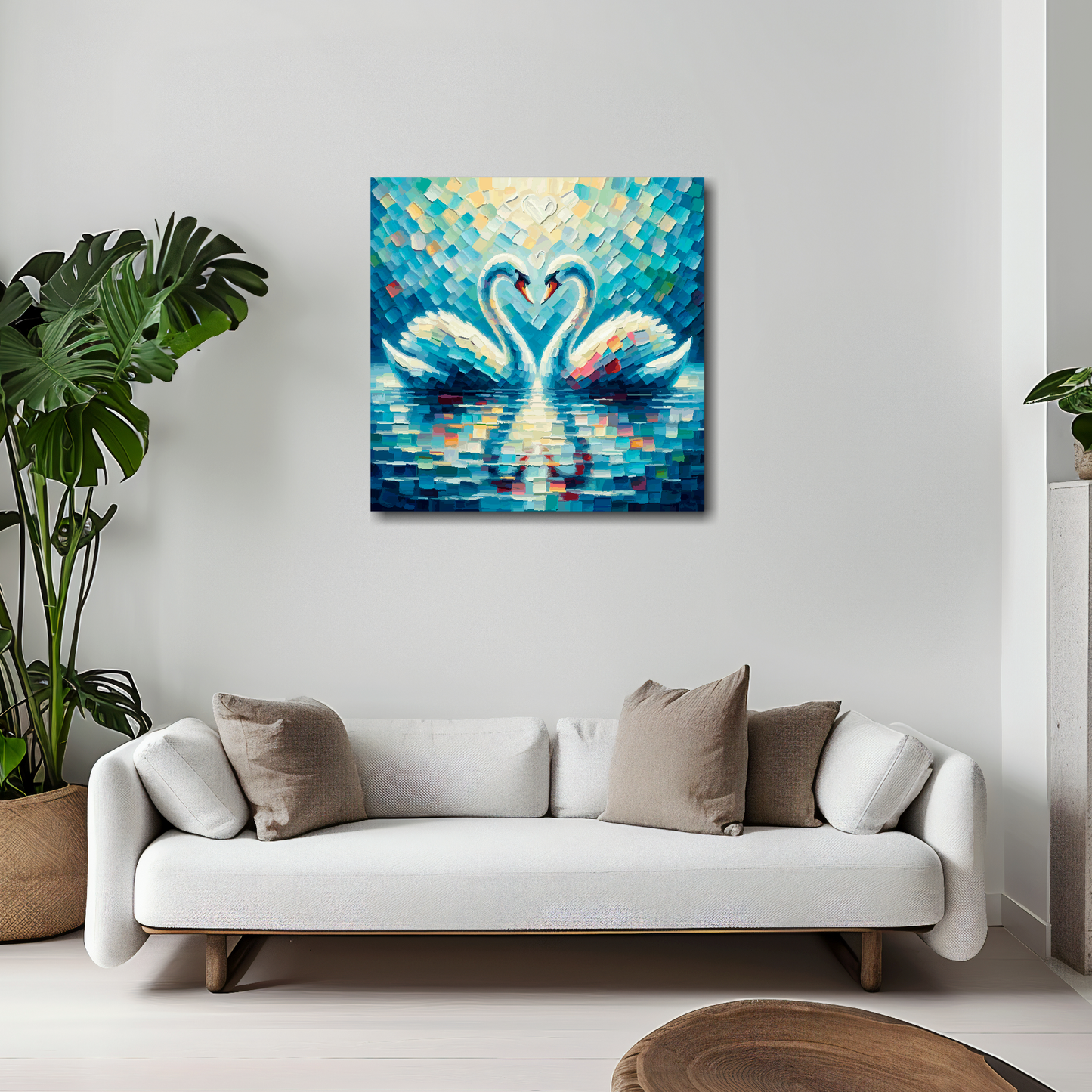 Love swans canvas 20x20 inches above white sofa - vibrant bird portrait wall art UK