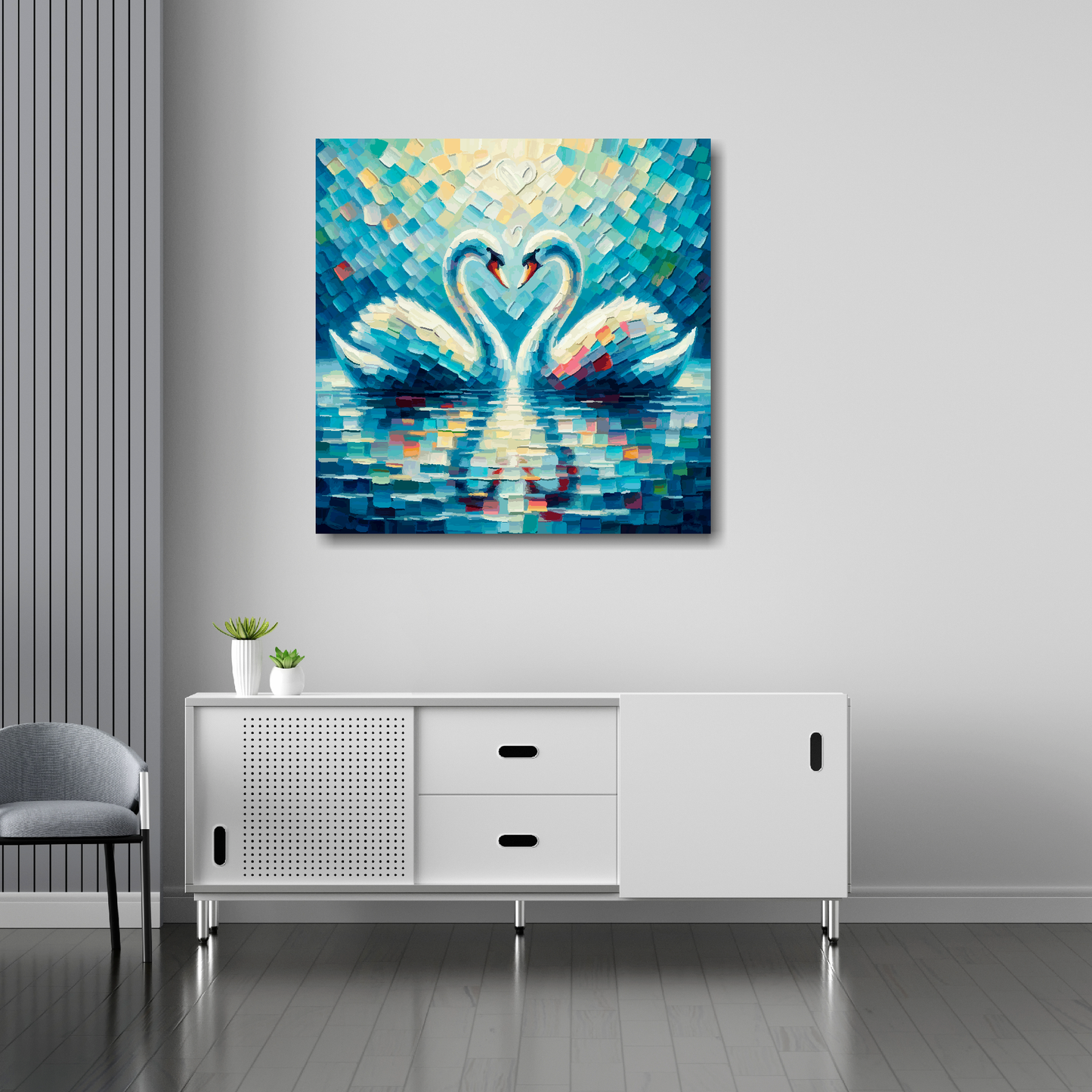 Love swans canvas 30x30 inches above sideboard - large colourful bird portrait UK made
