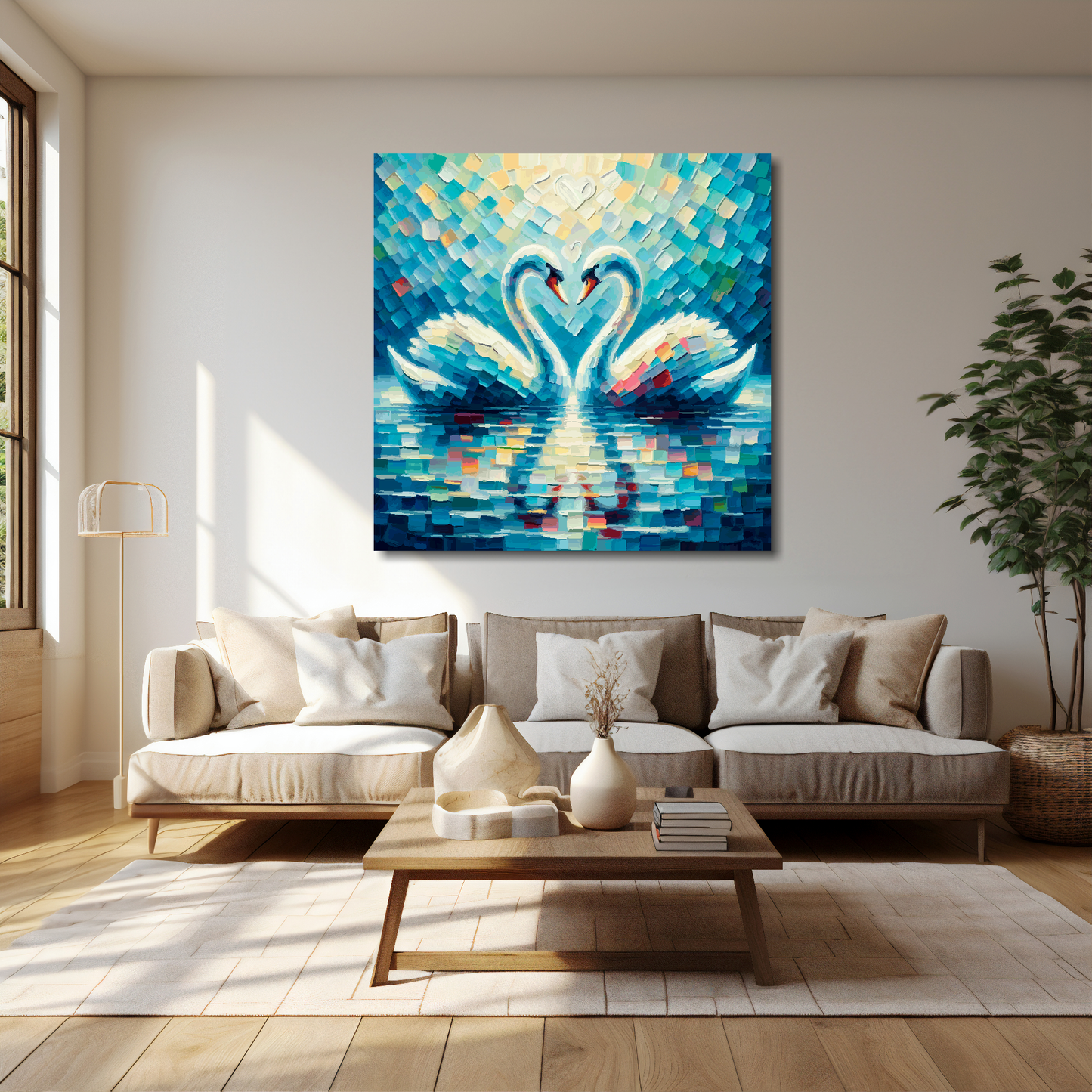 Love swans canvas 40x40 inches above cream sofa - XL vibrant bird wall art UK
