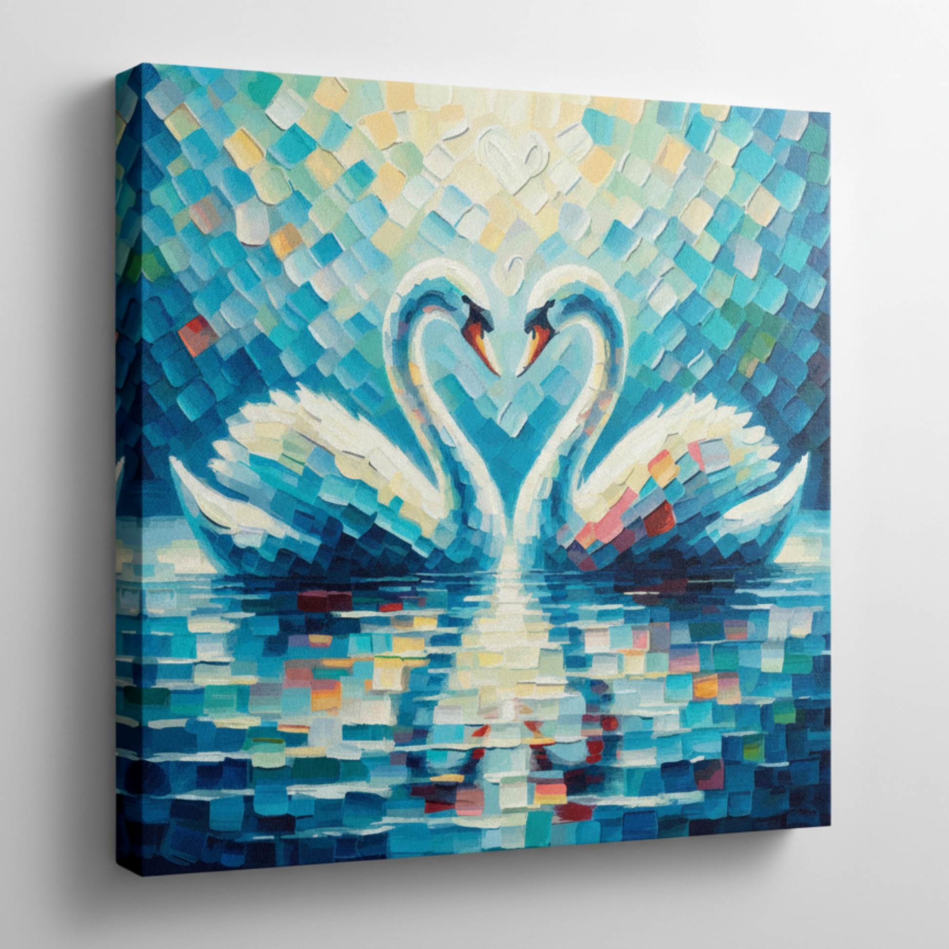 Colourful love swans bird portrait canvas print - UK made abstract wildlife wall art