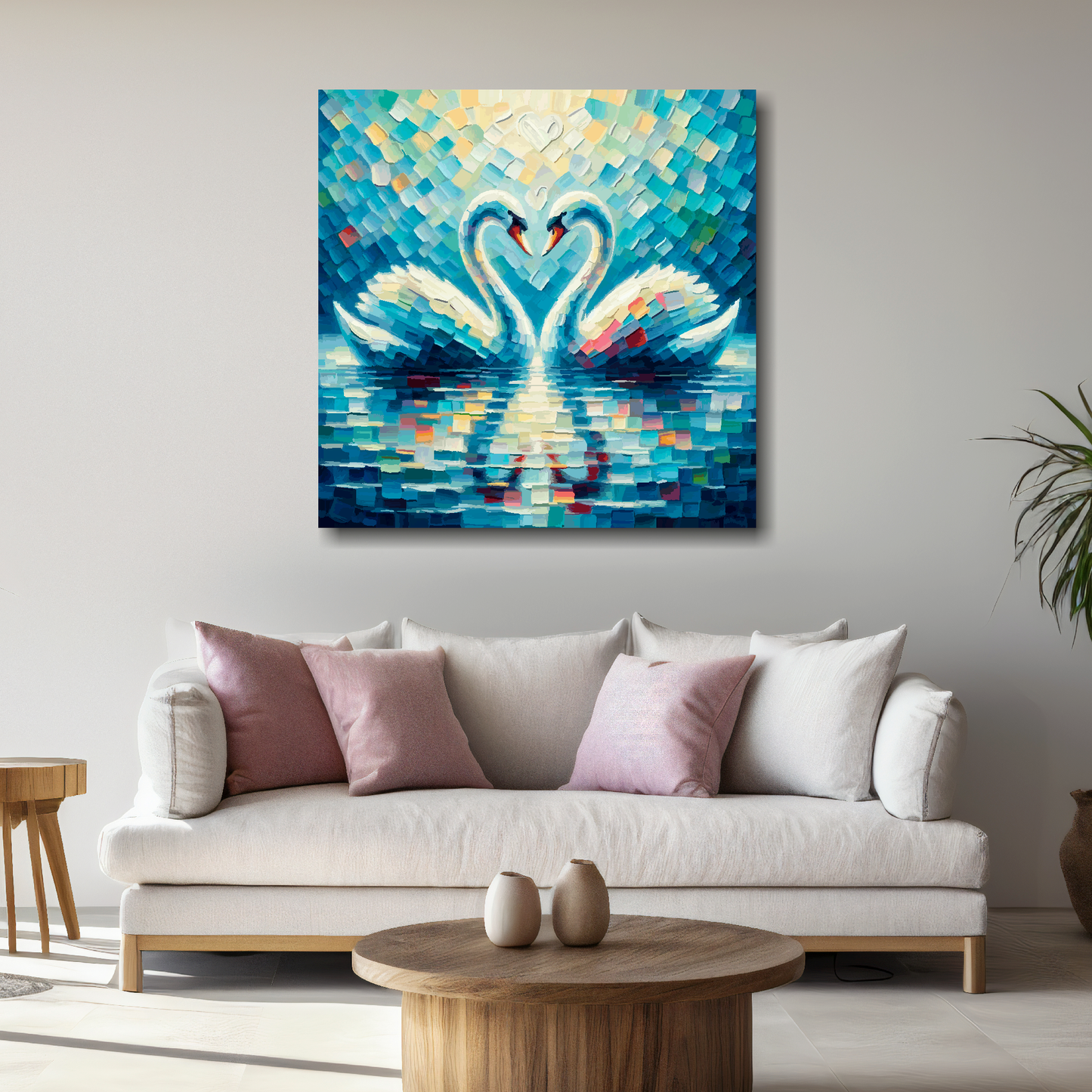 Large love swans canvas above white sofa - vibrant abstract bird portrait wall art UK