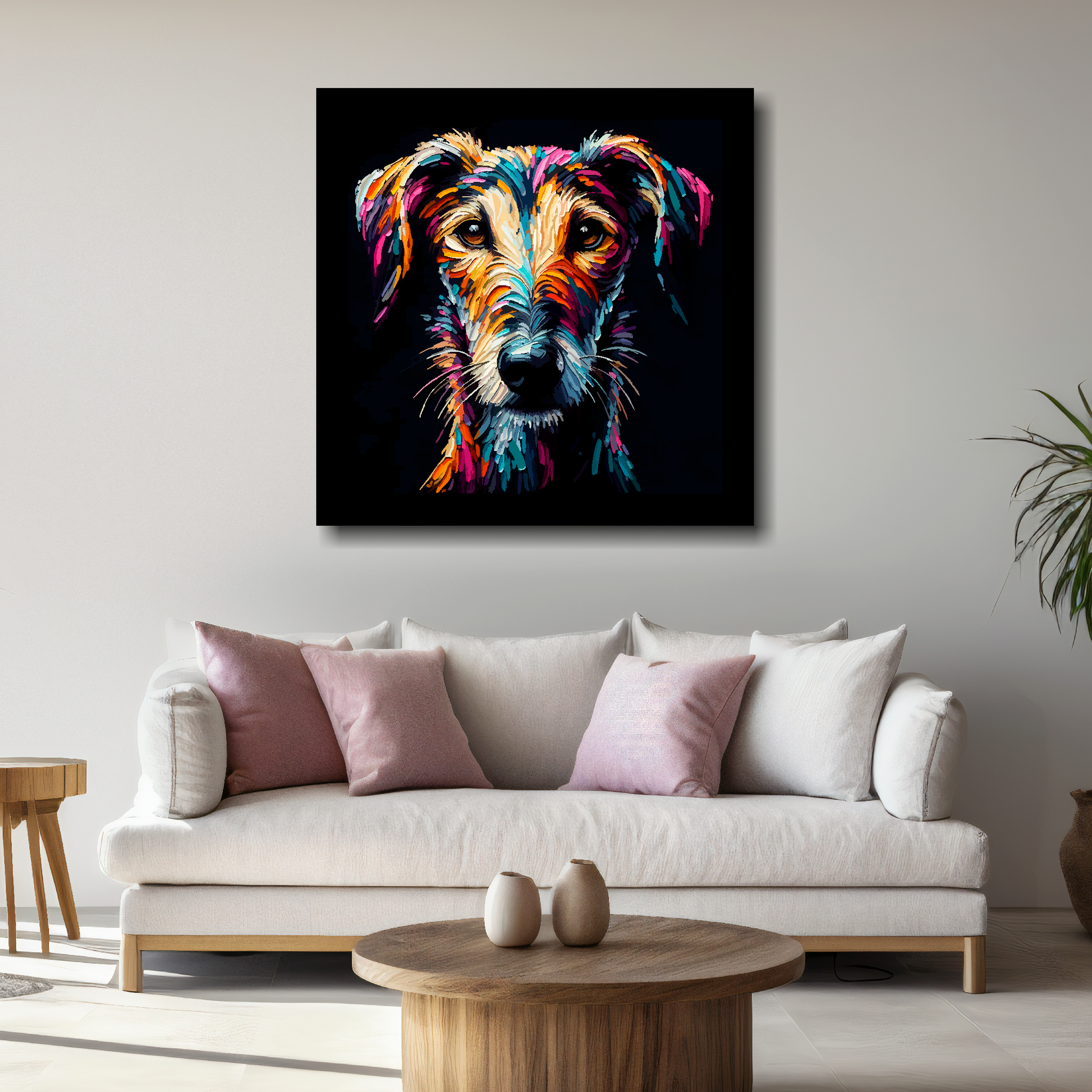 Large Lurcher canvas above white sofa - vibrant abstract dog portrait wall art UK